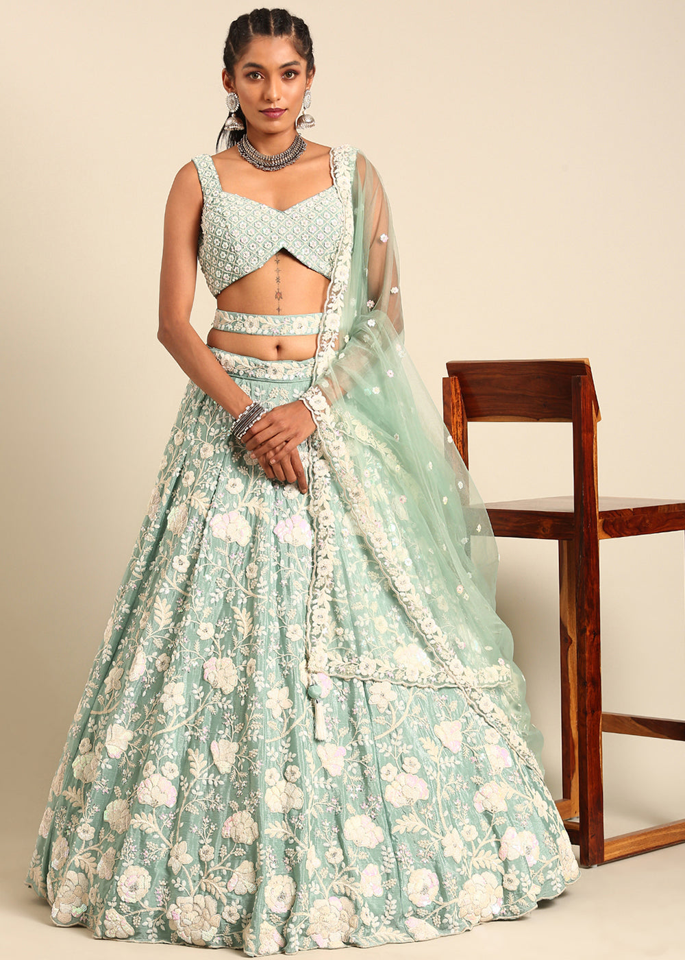 Emerald Green Georgette lehenga Choli with Sequins & Zarkan Embroidery | Ready To Wear - qivii