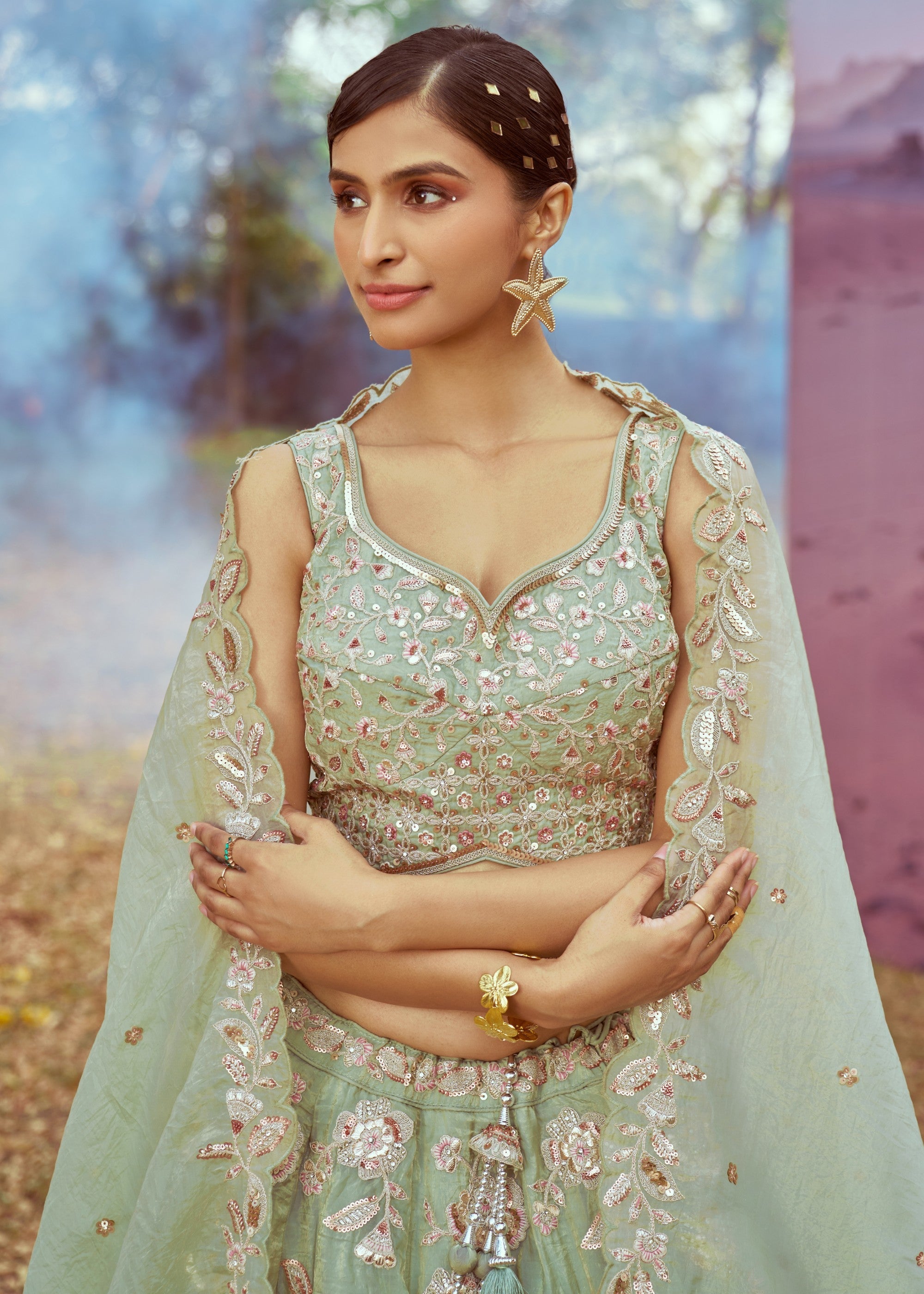 Lime Green Organza Sequins embroidery Lehenga | Ready To Wear - qivii