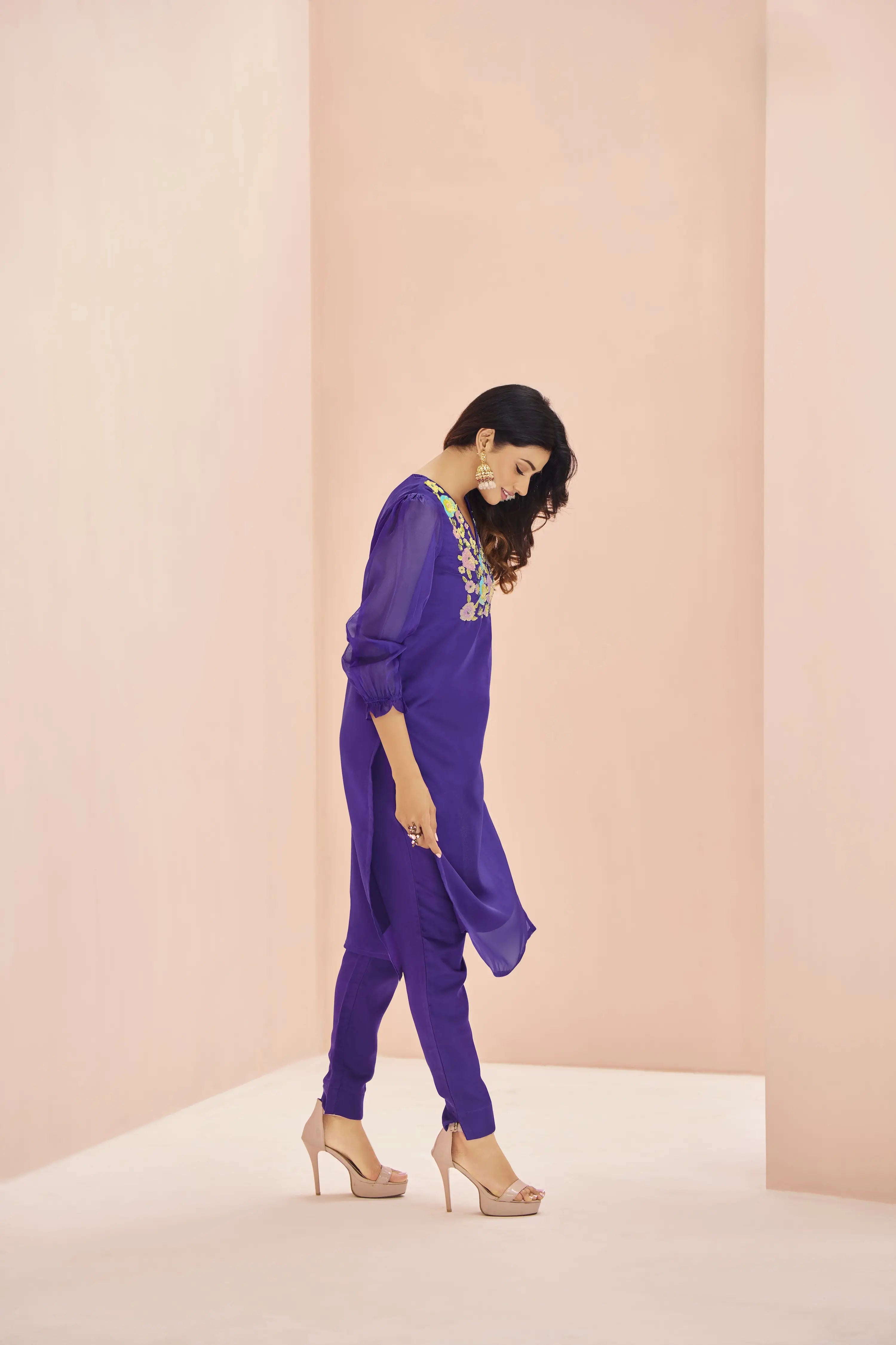 Purple Organza Salwar Suit With Handwork - qivii