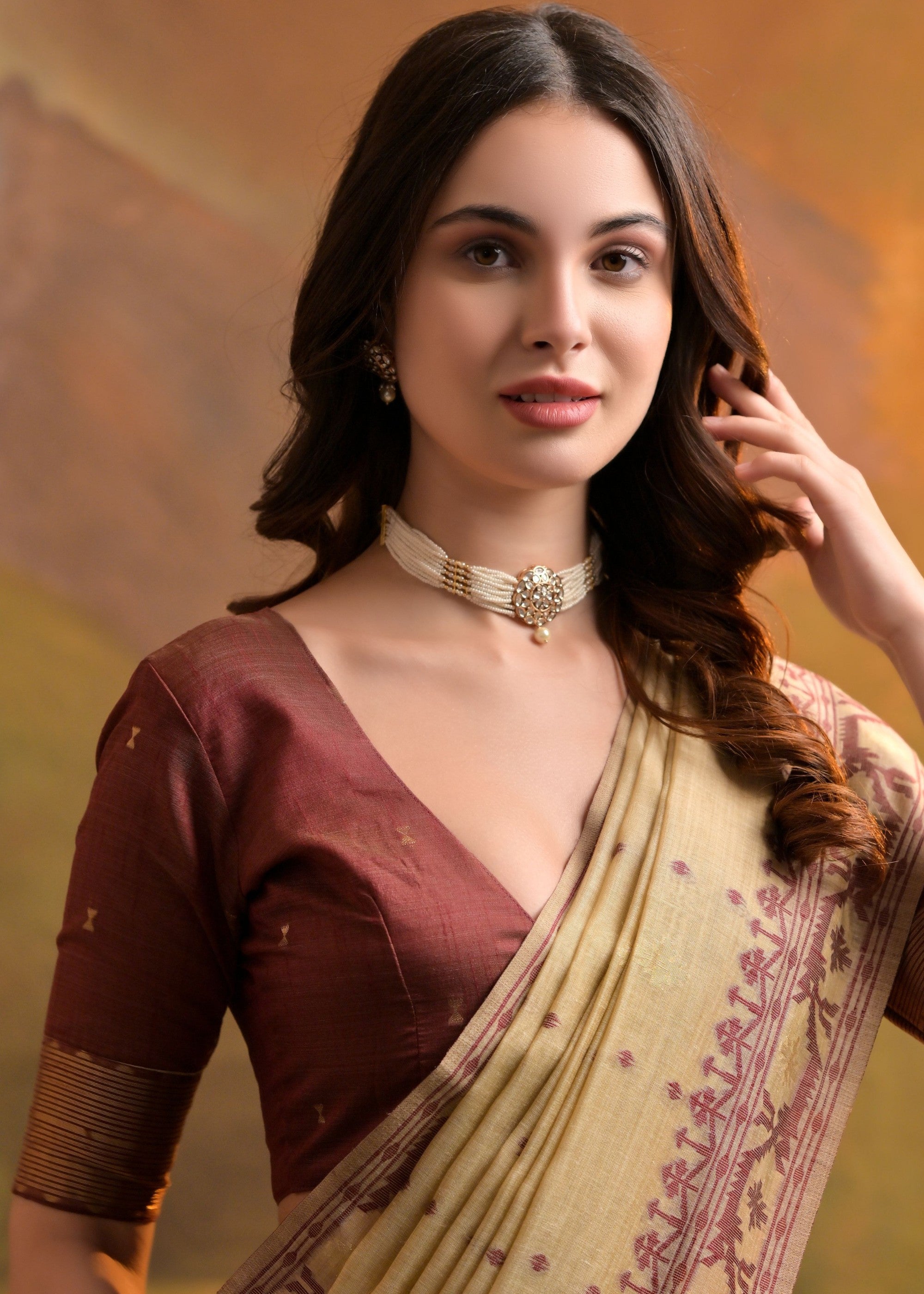 Tan Brown Thread Woven Cotton Saree With All Over Butti - qivii