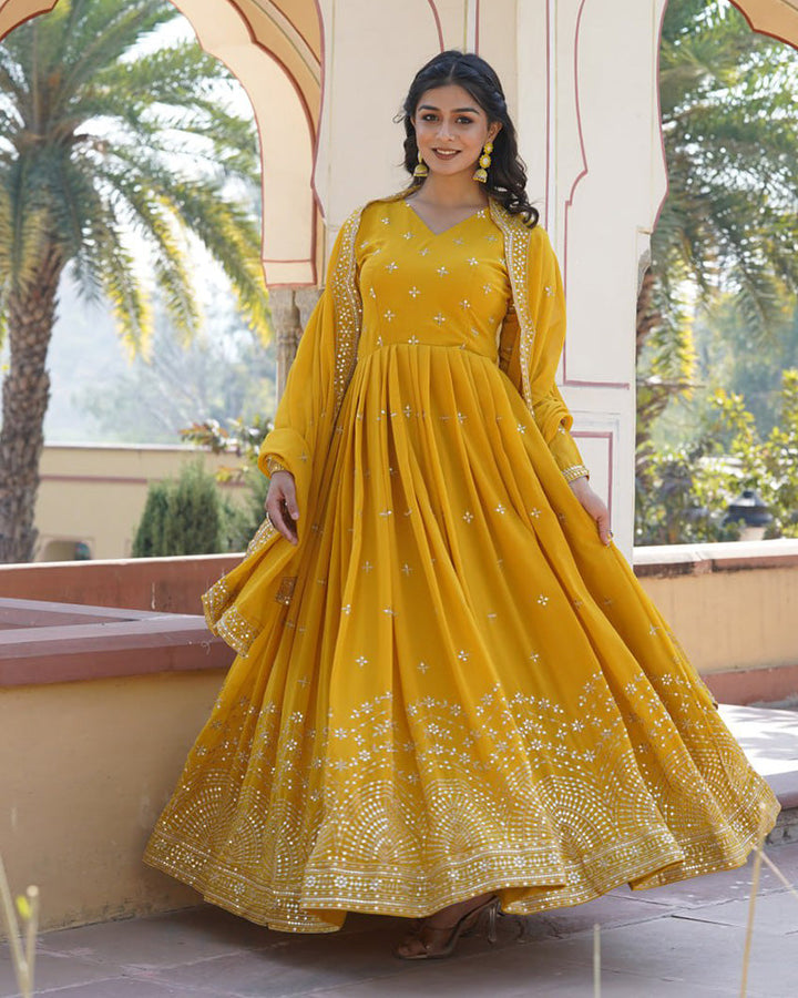 Yellow Color Full Flair Anarkali Gown With Embroidered Dupatta  - By Qivii