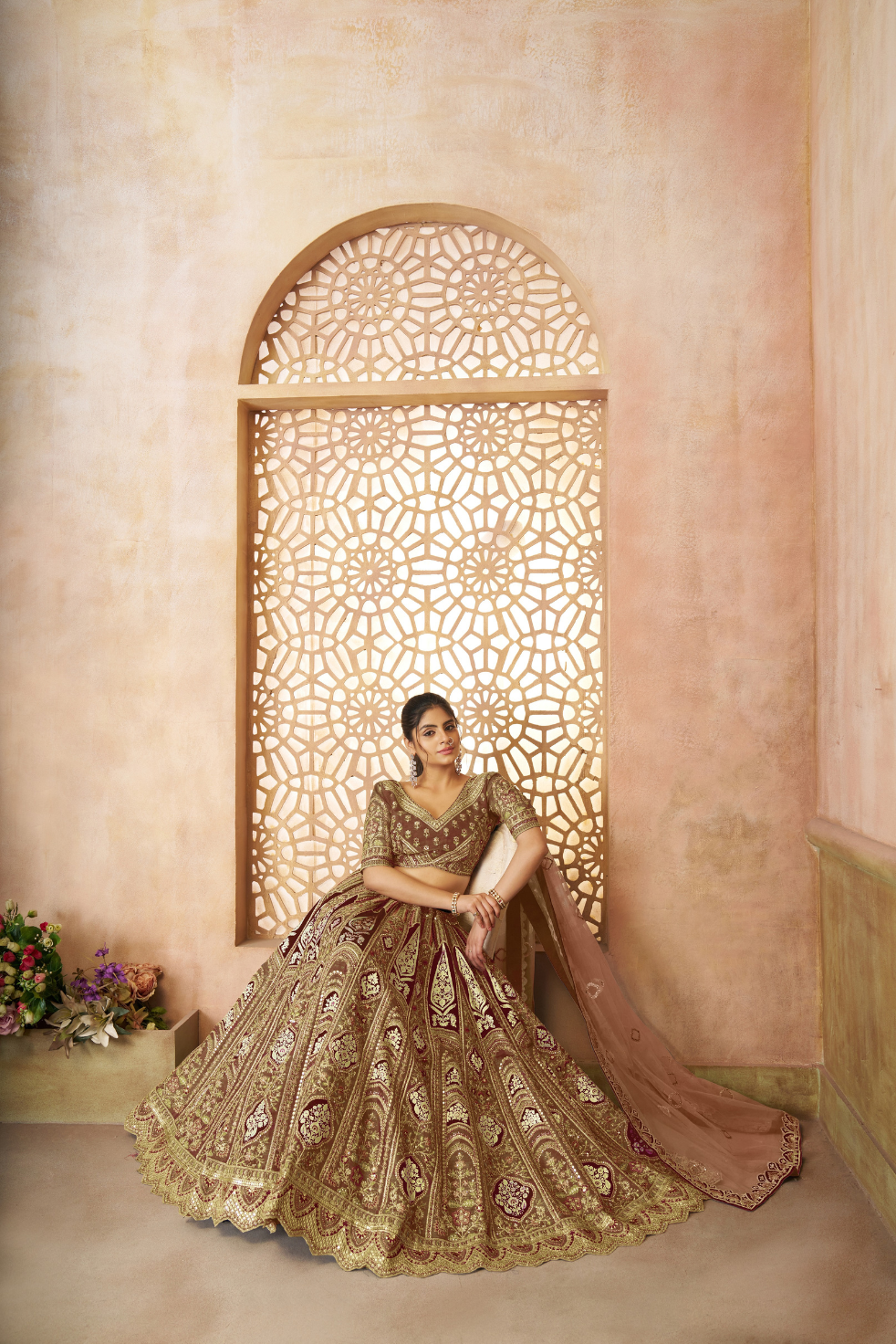 Mocha/Coffee Color Aari Embroidered Banarasi Lehenga for Brides - qivii