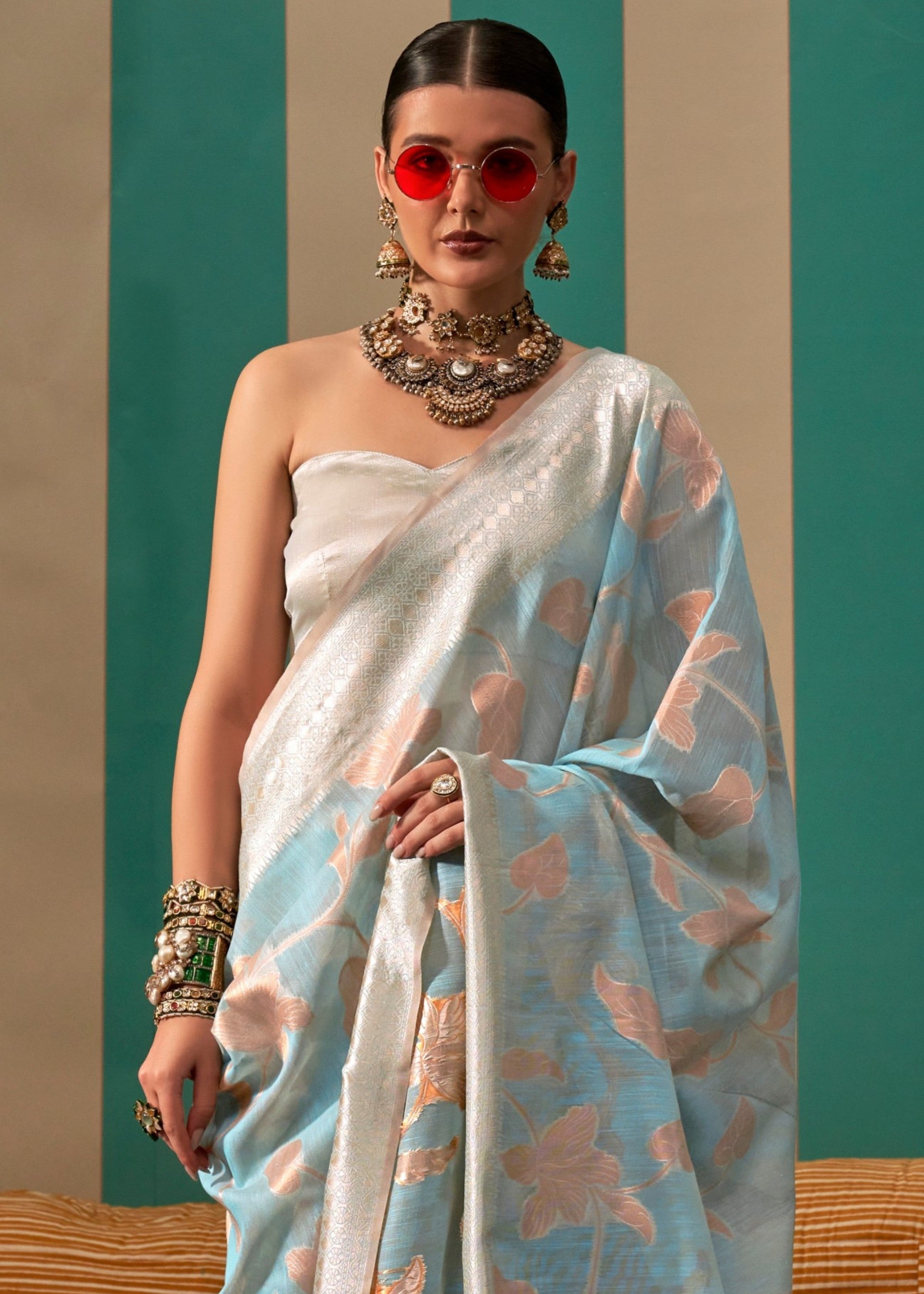 Light Blue Handloom Weaving Linen Saree - qivii