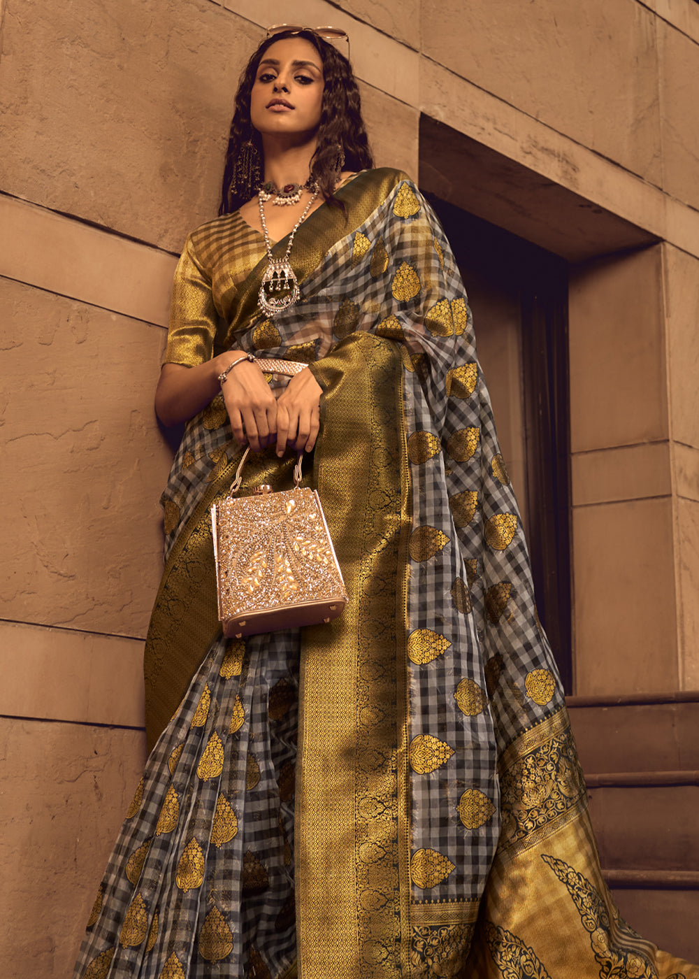 Golden Olive Woven Banarasi Organza Silk Saree