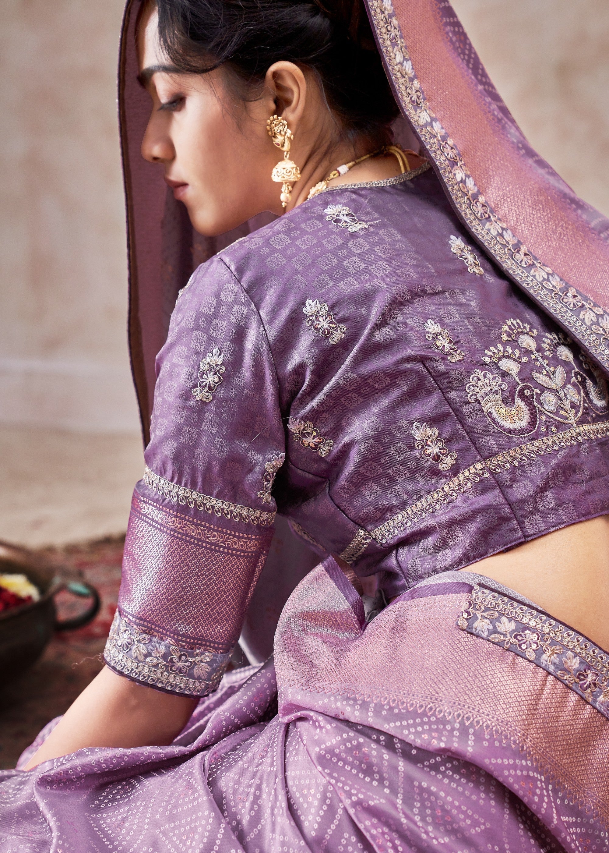 Lilac Purple Satin Silk Saree With Heavy Embroidery Lace & Blouse - qivii