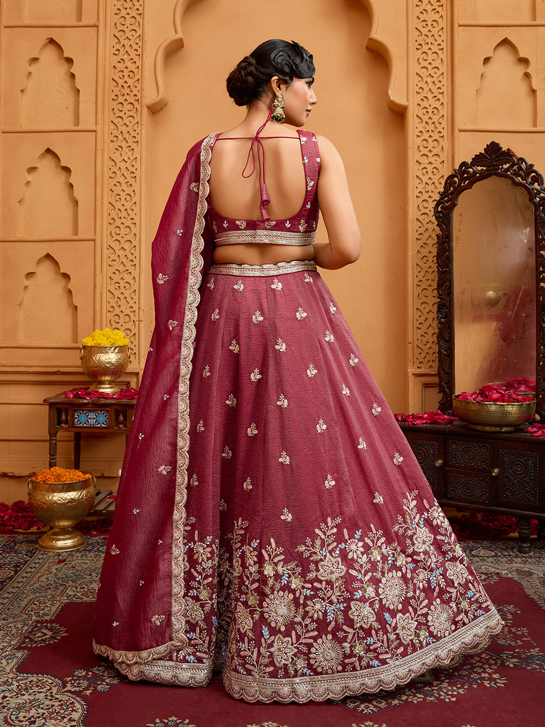 Rosegold- Tissue Fabric Sequins embroidery Semi-Stitched Lehenga & Unstitched Blouse With Dupatta - qivii