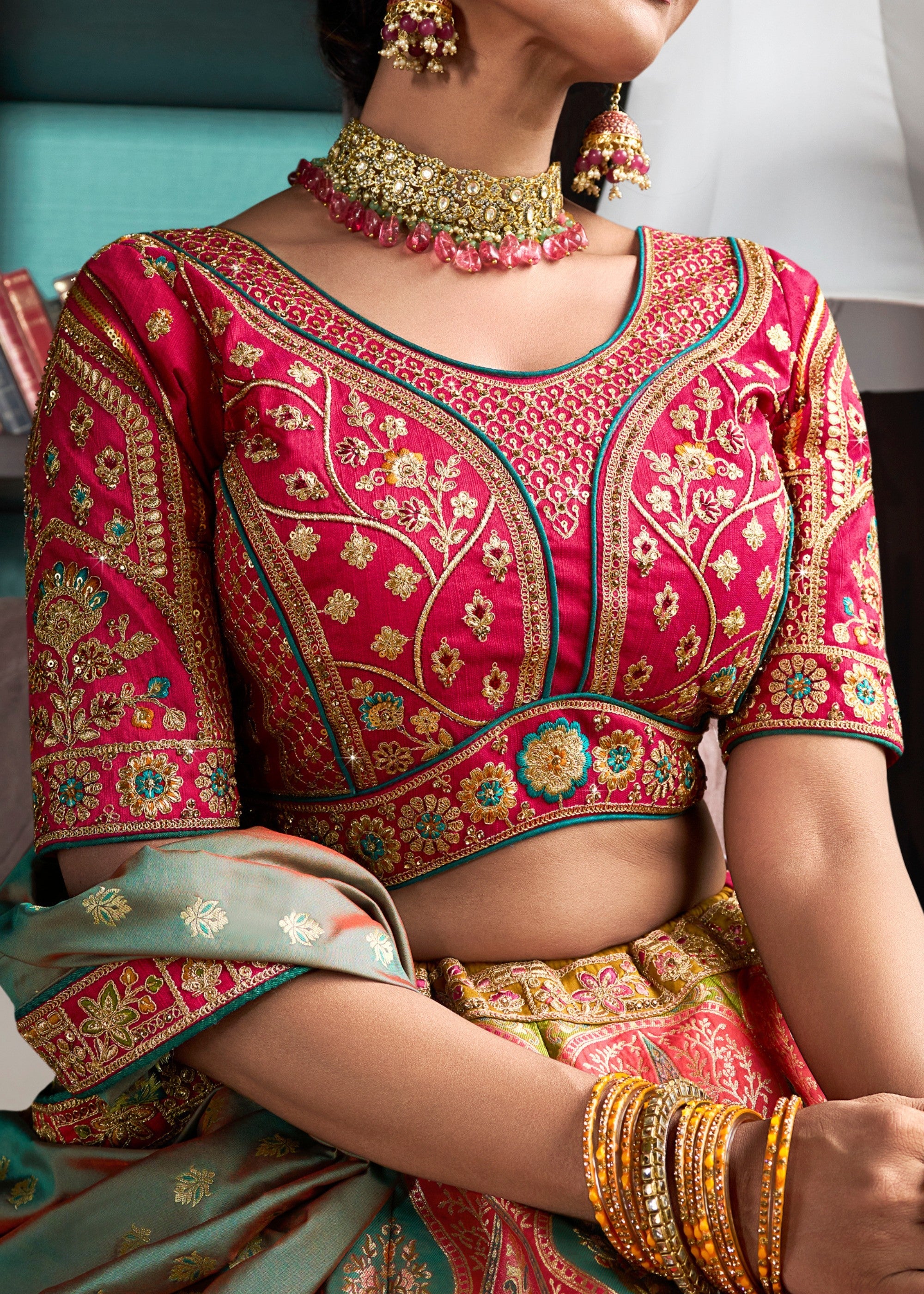 Jade Green & Pink Banarasi Silk Lehenga with Zarkan Codding work | Ready To Wear - qivii