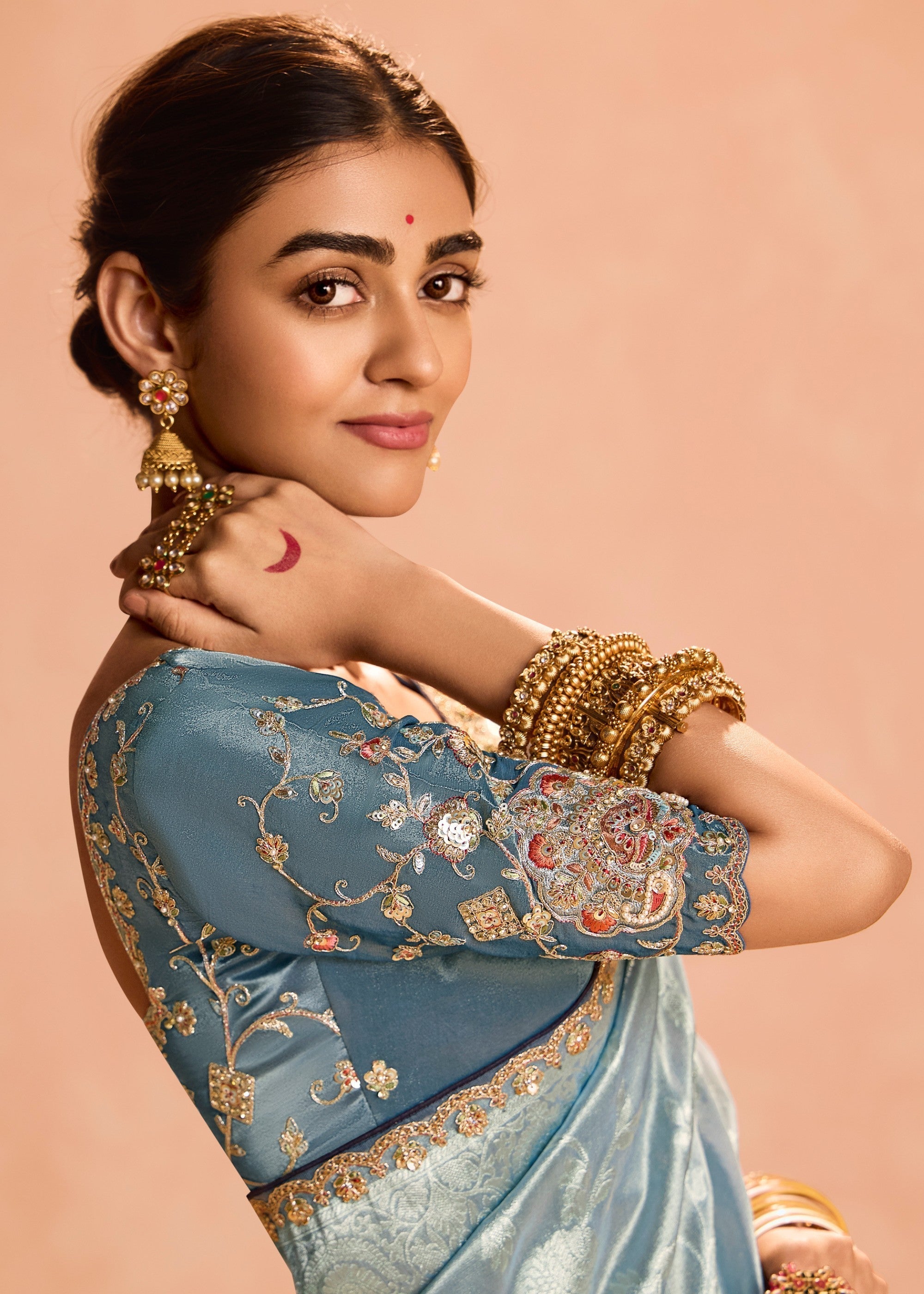Pacific Blue Zari Tissue Silk Saree With Weaving Work And Heavy Embroidery Lace - qivii