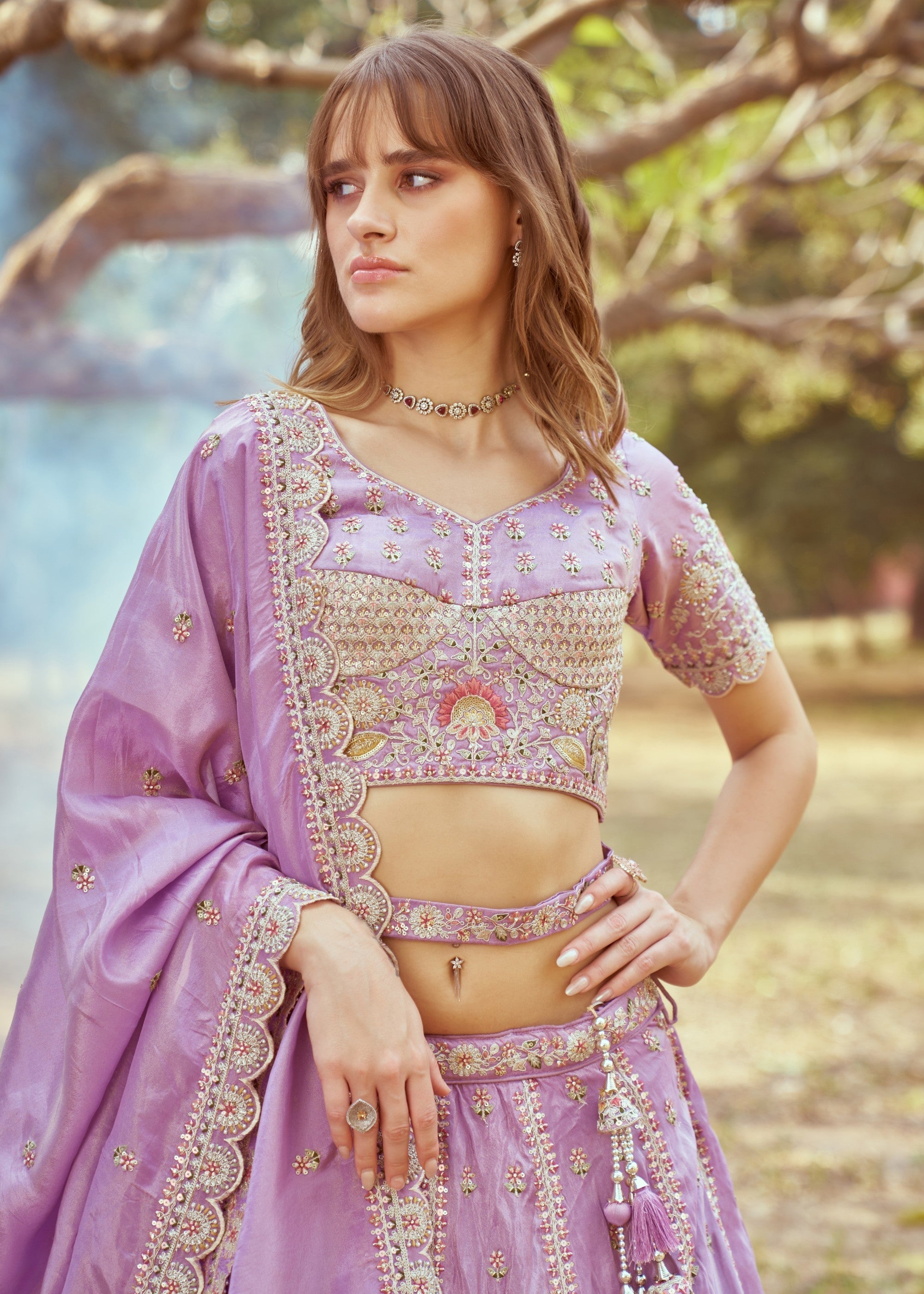 Lavender Gold crushed Tissue Fabric Moti, Zari work Lehenga | Ready To Wear - qivii