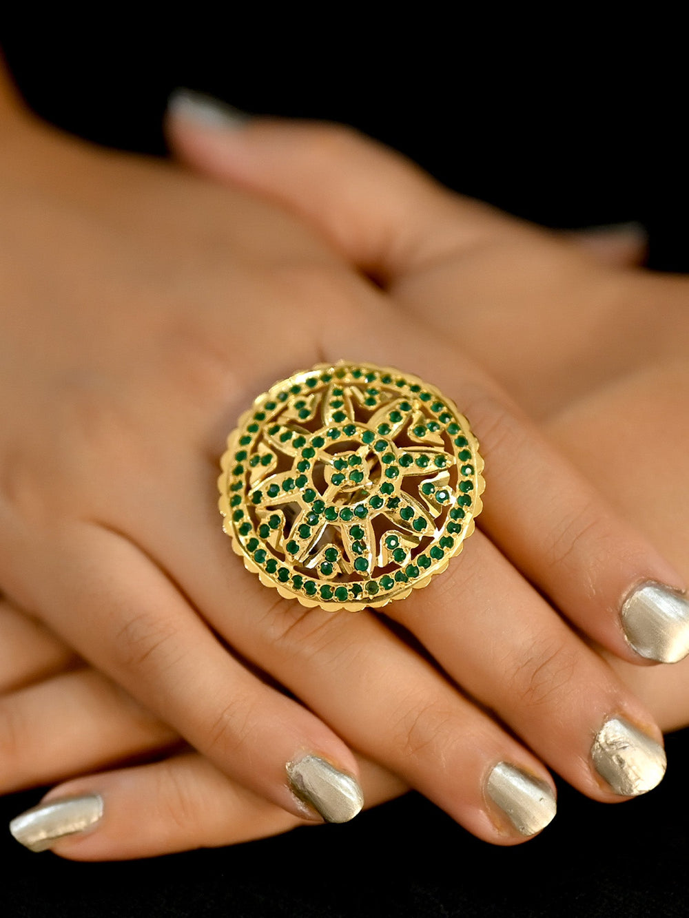 Beautiful Devangi Green Jadau Finger Ring with Intricate Gold Detailing 