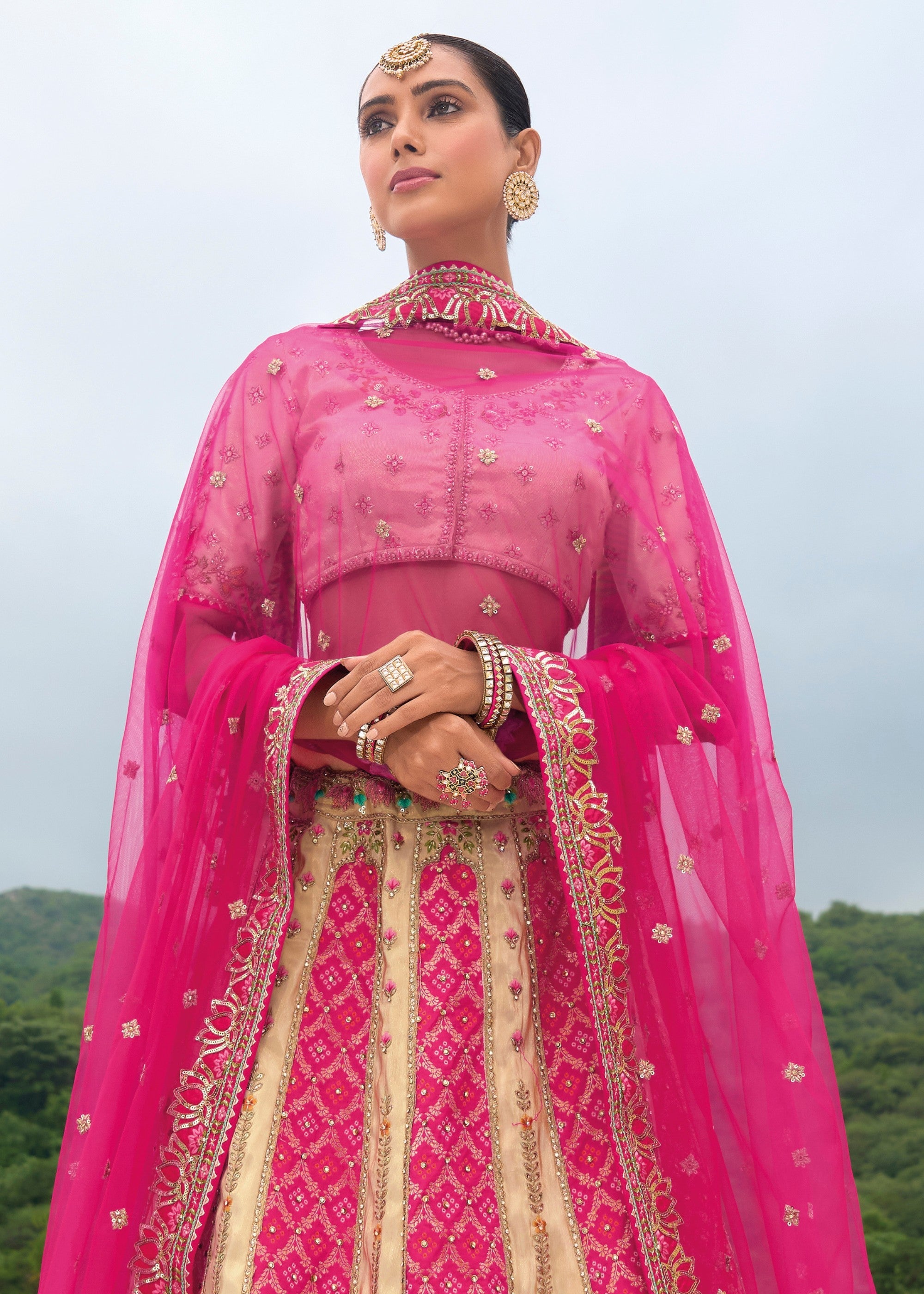 Off White And Pink Banarasi Silk Lehenga With Heavy Embroidery Work | Ready To Wear - qivii