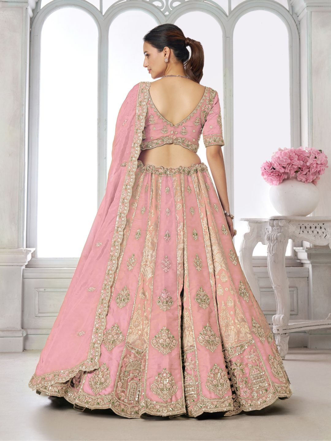 Designer Pink Raw Silk Lehenga with Intricate Embroidered Detailing