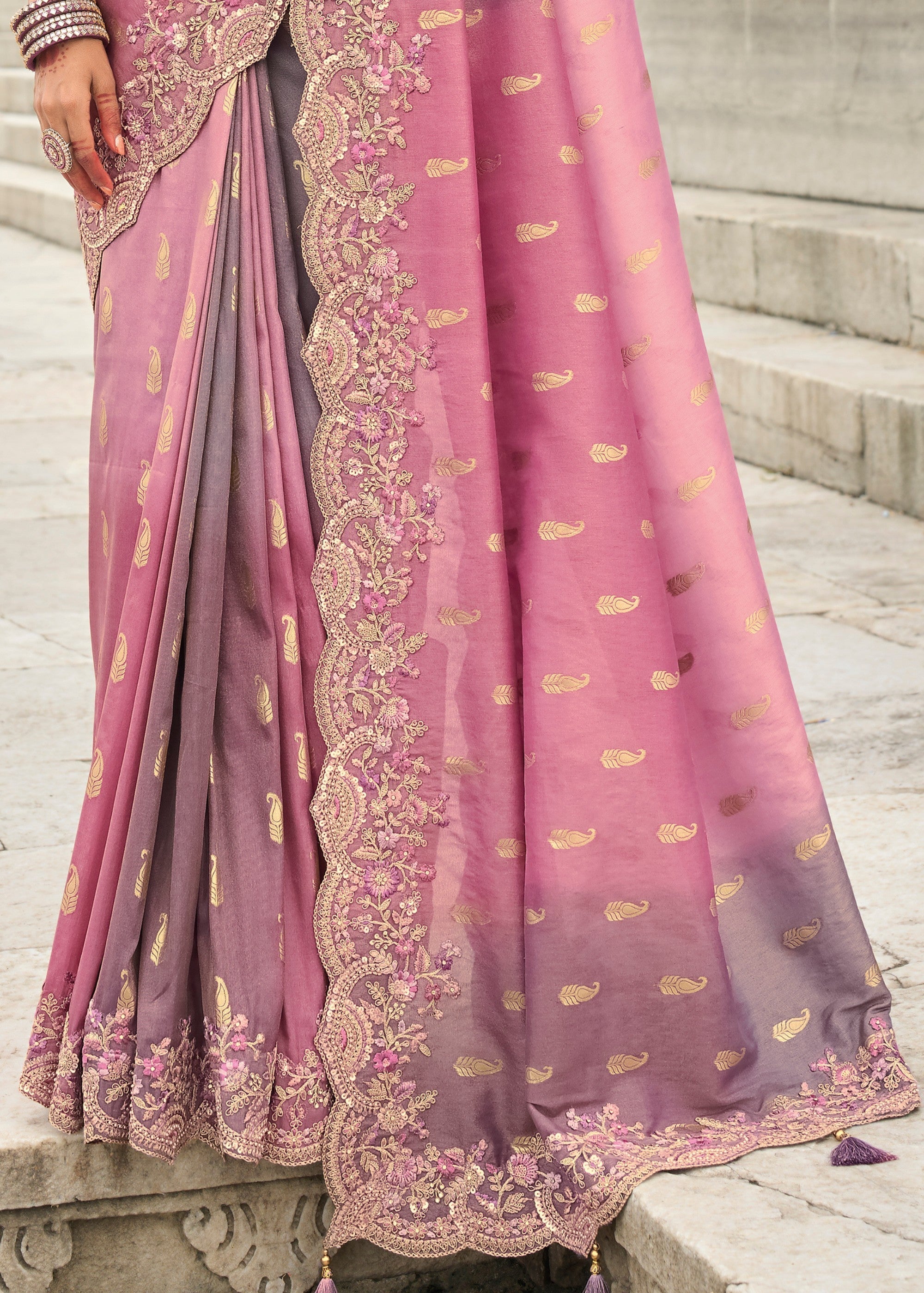 Mauve Purple And Pink Viscose Tissue Silk Saree With Embroidery Cut Work Border And Sequence Work - qivii