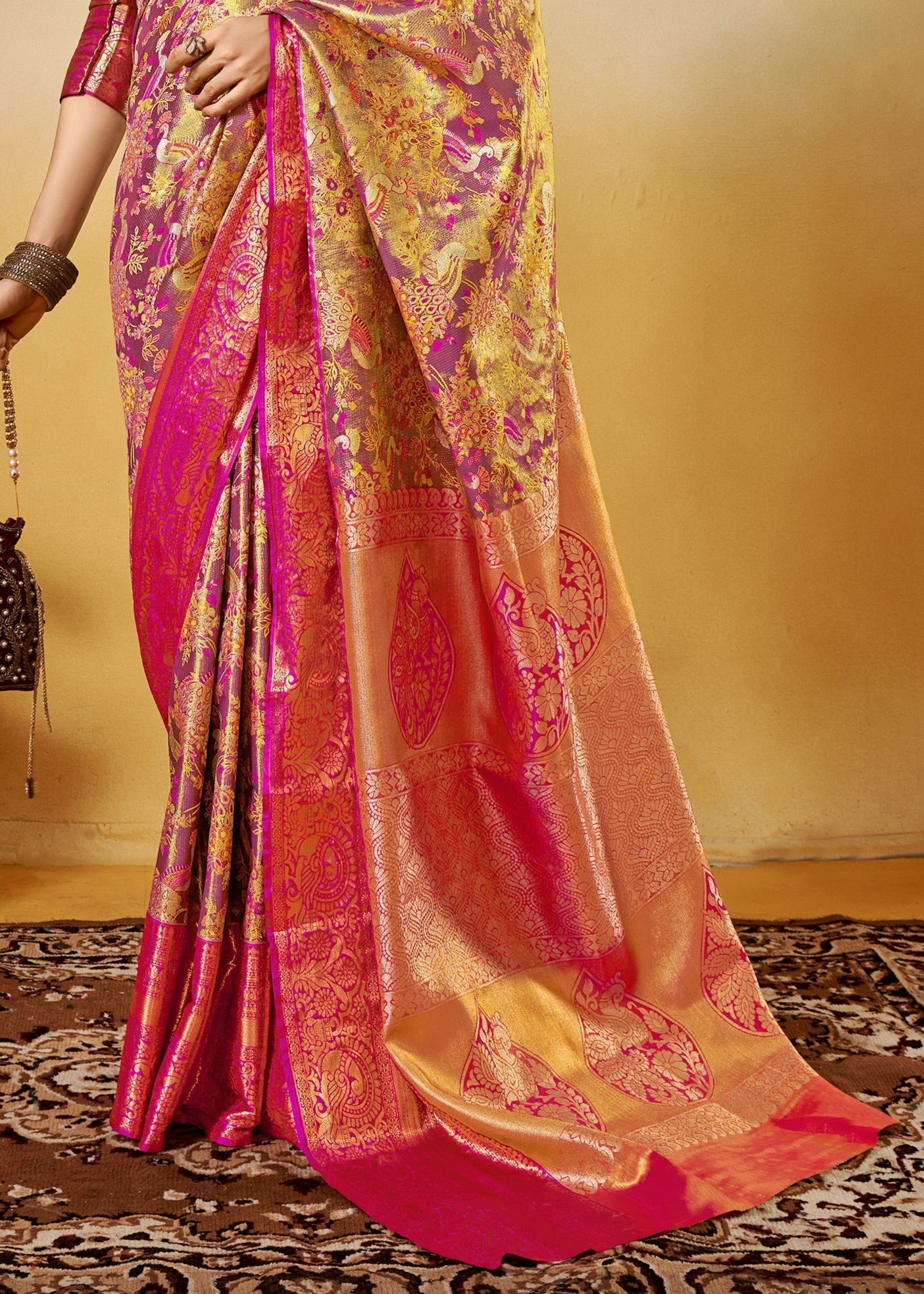 Pink and Orange Handloom Dharamavaram Silk Saree - qivii