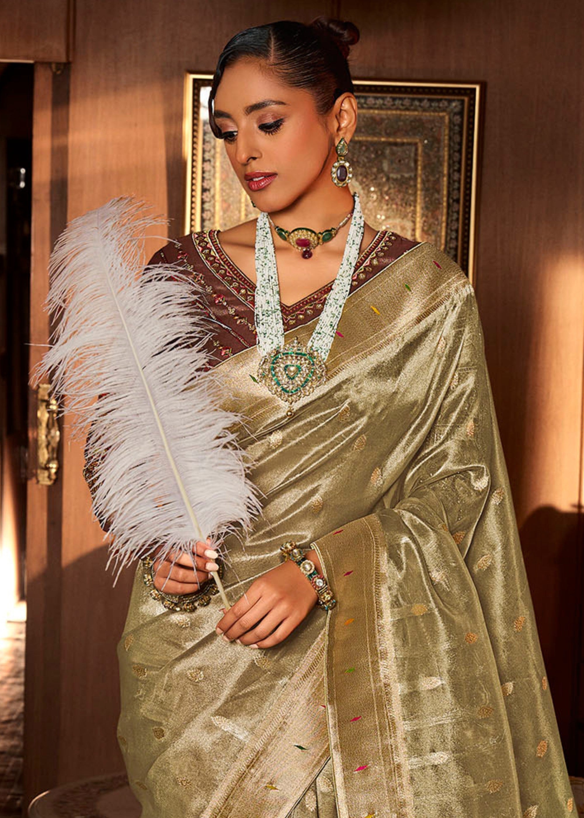 Basil Green Pure Tissue Paithani Silk Saree with Heavy Designer Embroidered Blouse - qivii