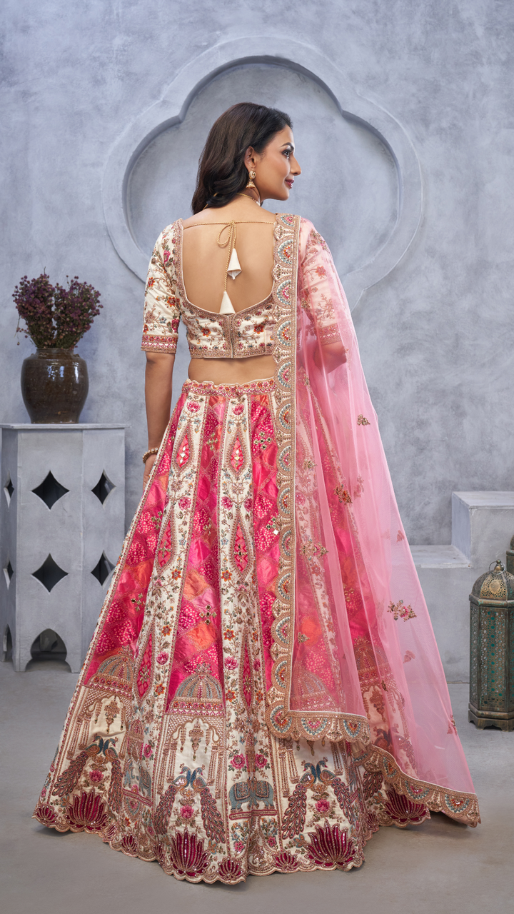 Ivory Bridal Lehenga with Temple Motifs, Peacock Designs & Bandhej Jacquard Patches Lehenga Choli