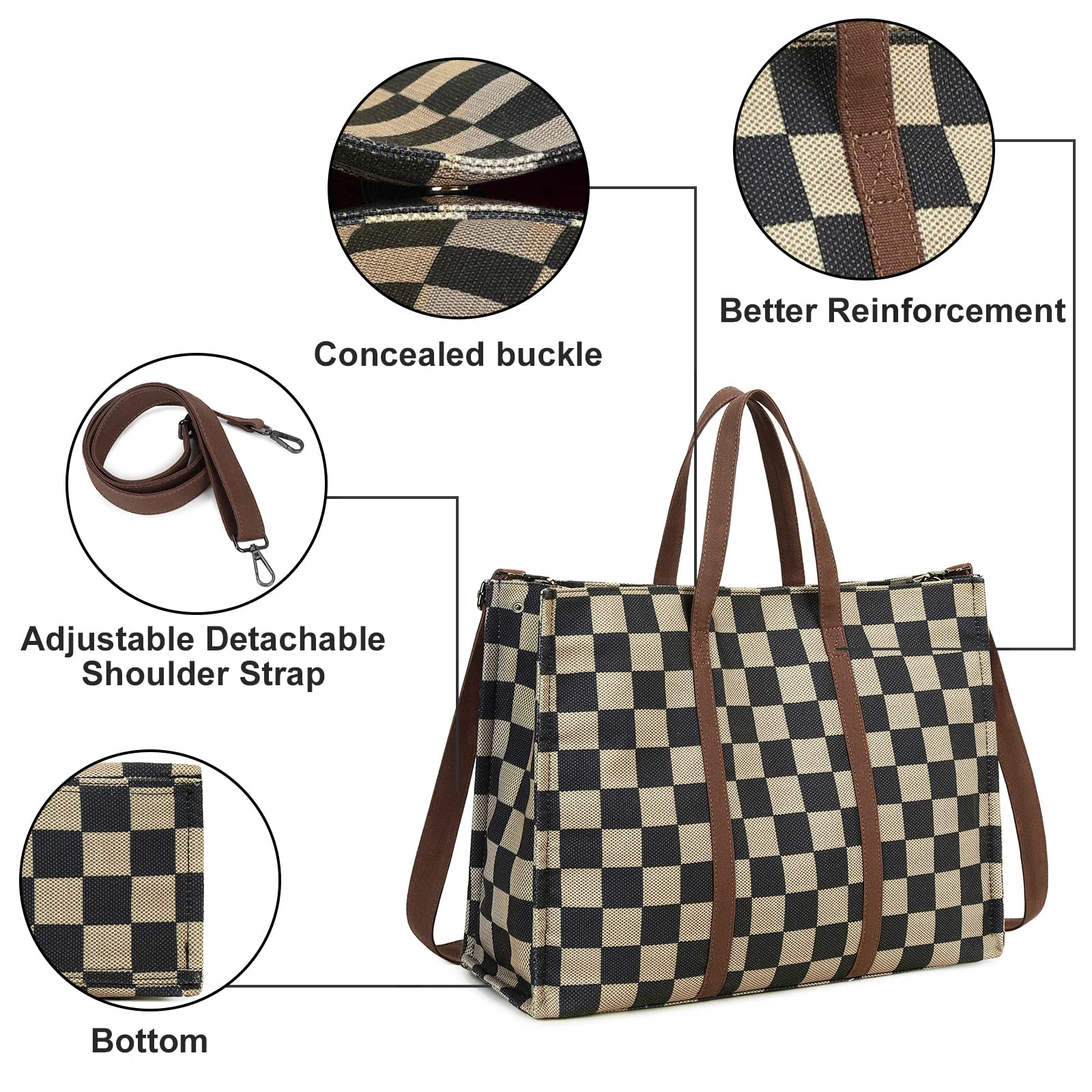 Ounamei Checkered Canvas Work Tote | Zippered Laptop Shoulder & Crossbody Bag (15.6–16”)
