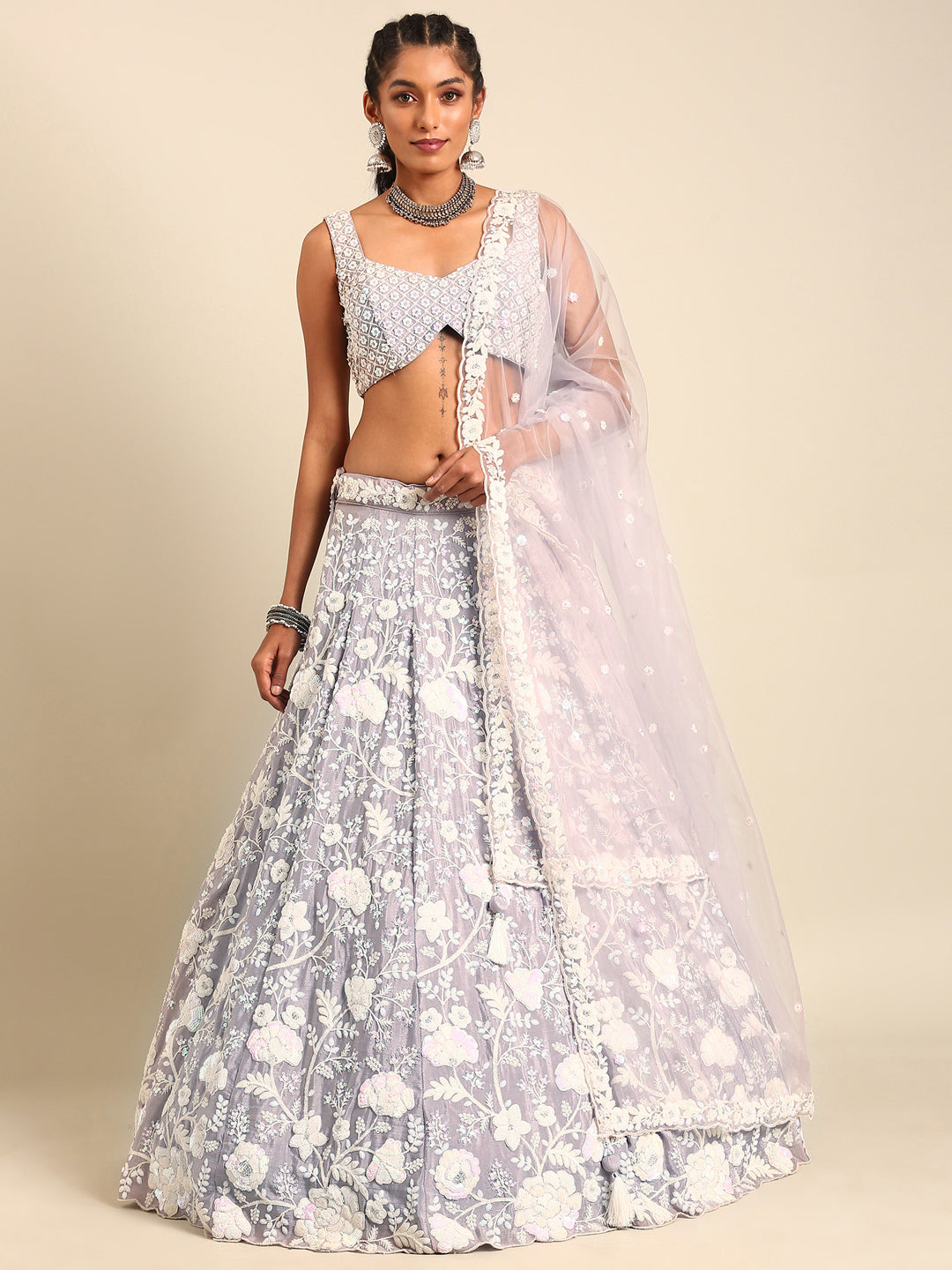 White Color Sequined Chinon Embroidered Stitched Lehenga choli