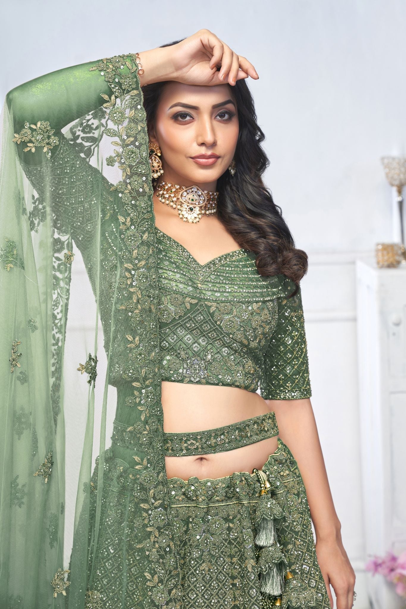 Graceful Green Bridal Wear Lehenga with Elegant Detailing - qivii