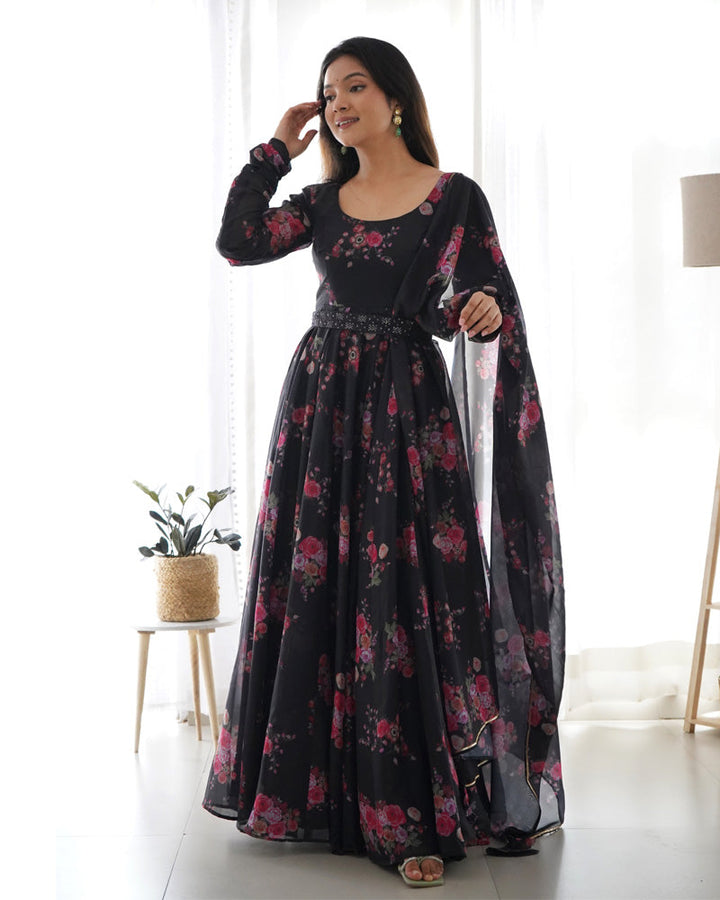 Exquisite Black Floral Print Anarkali Suit with Organza Fabric and Gold Embroidery