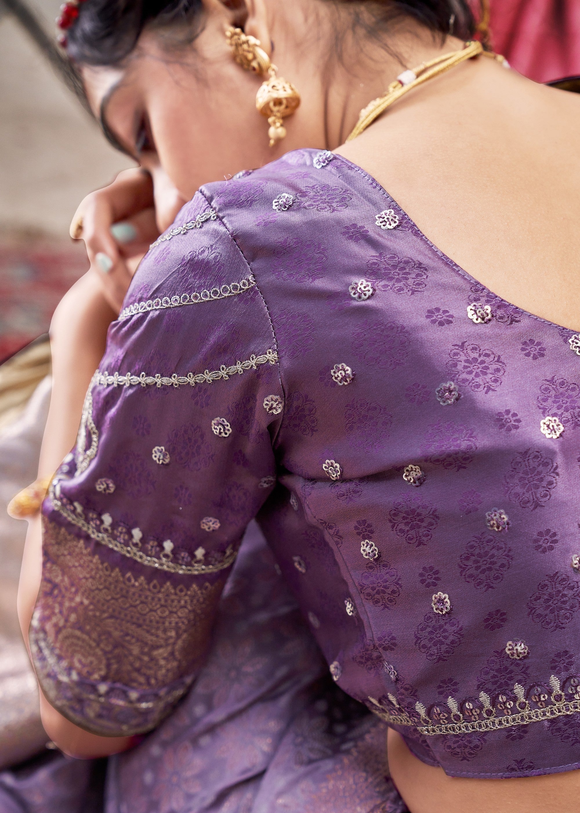 Dark Purple Satin Silk Saree With Heavy Embroidery Lace & Blouse - qivii