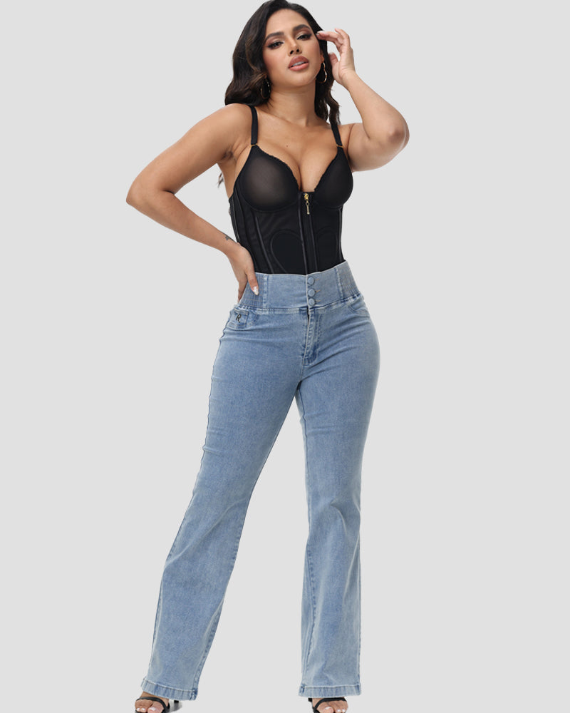 Shapshe® High Rise Skinny Flared Jeans With Elastic Waistband  - By Qivii