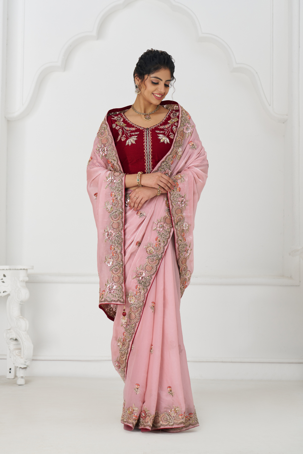 Graceful Pink Zari and Sequins on Rich Fendi Silk Saree - qivii