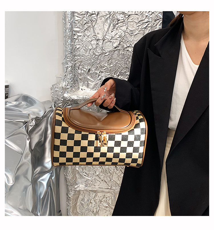Women's Large Checkered Makeup Organizer – Oversized Travel Toiletry Bag with Zippered Pockets & Detachable Strap | Waterproof Patchwork Cosmetic Case