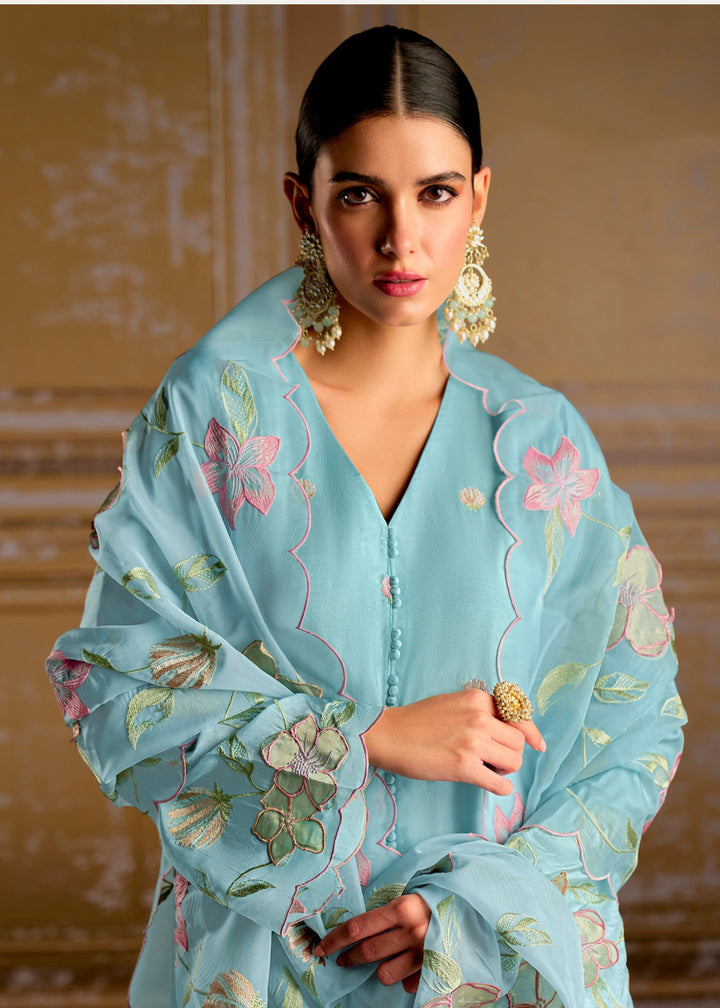 Blue Pure Bamber Silk Salwar Suit with intricate Resham Embroidery detailing