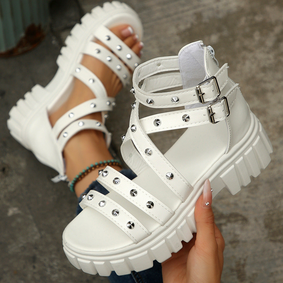 Women’s Rivara Studded Platform Wedge Sandals – Adjustable Ankle Strap Casual Summer Shoes (US 4–10.5)