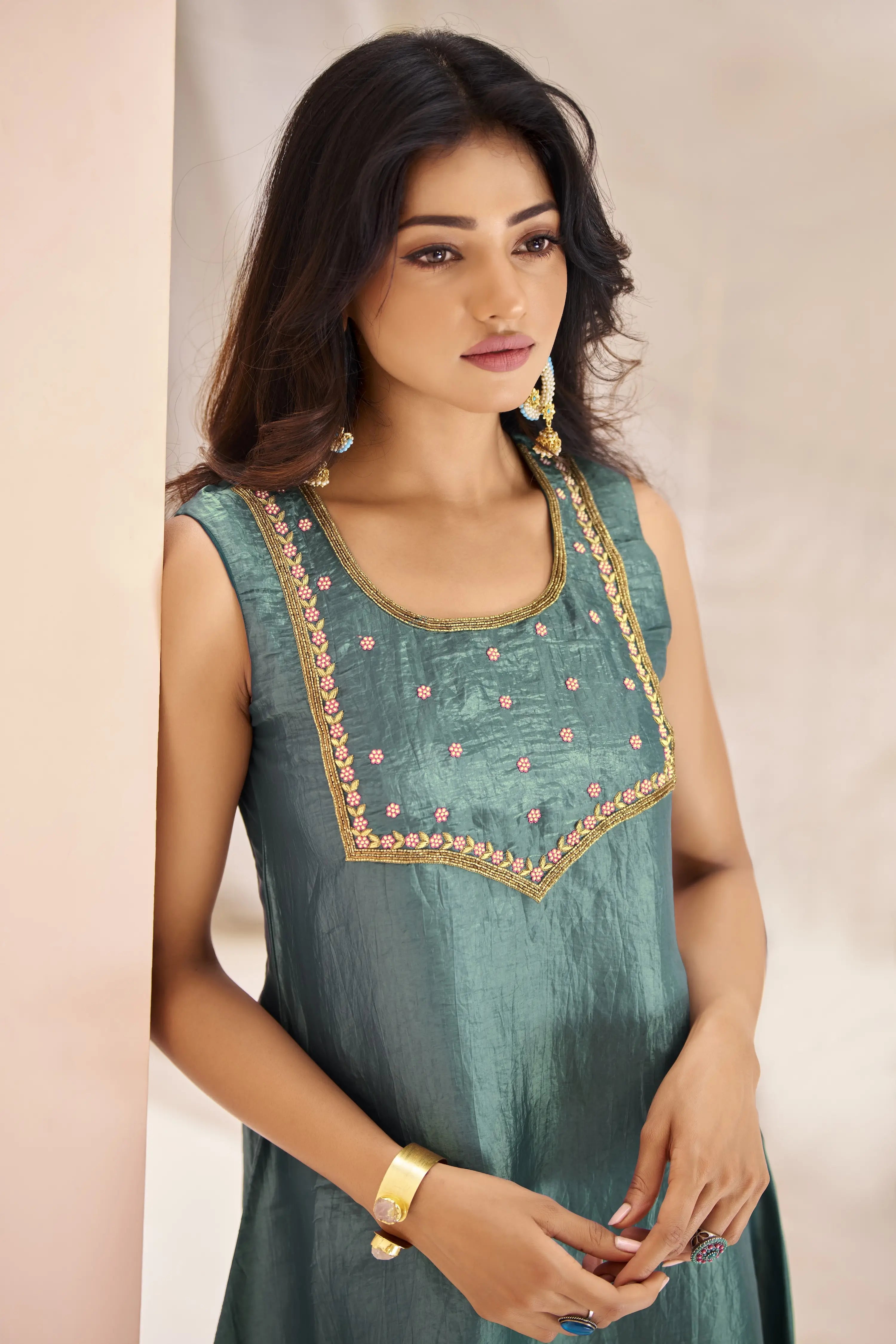 Aqua Green Organza Salwar Suit With Handwork - qivii