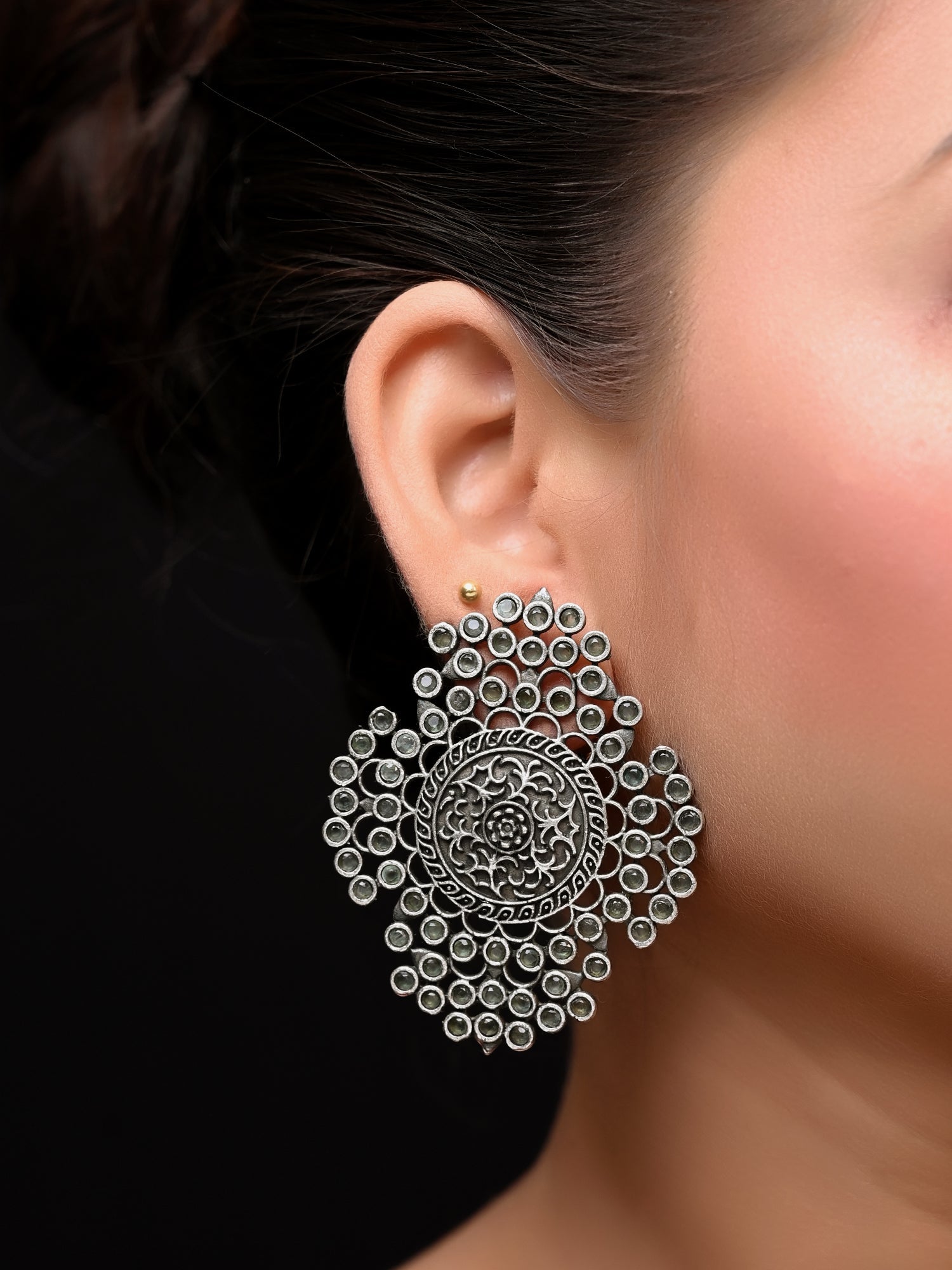 Areeka Big Oxidised Stud Earrings In Mint Green - qivii
