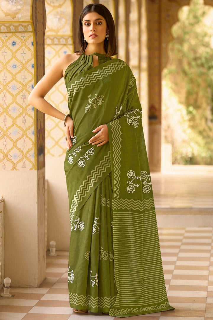 Pesto Corn Green Handblock Printed Saree