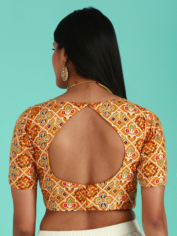 Mustard-Toned Cotton Silk Applied Foil and Patola Print readymade blouse