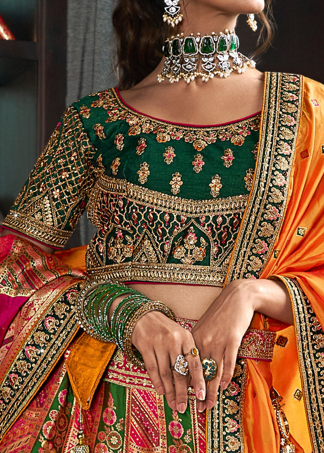 Green & Yellow Banarasi Silk Lehenga with Zarkan Codding work