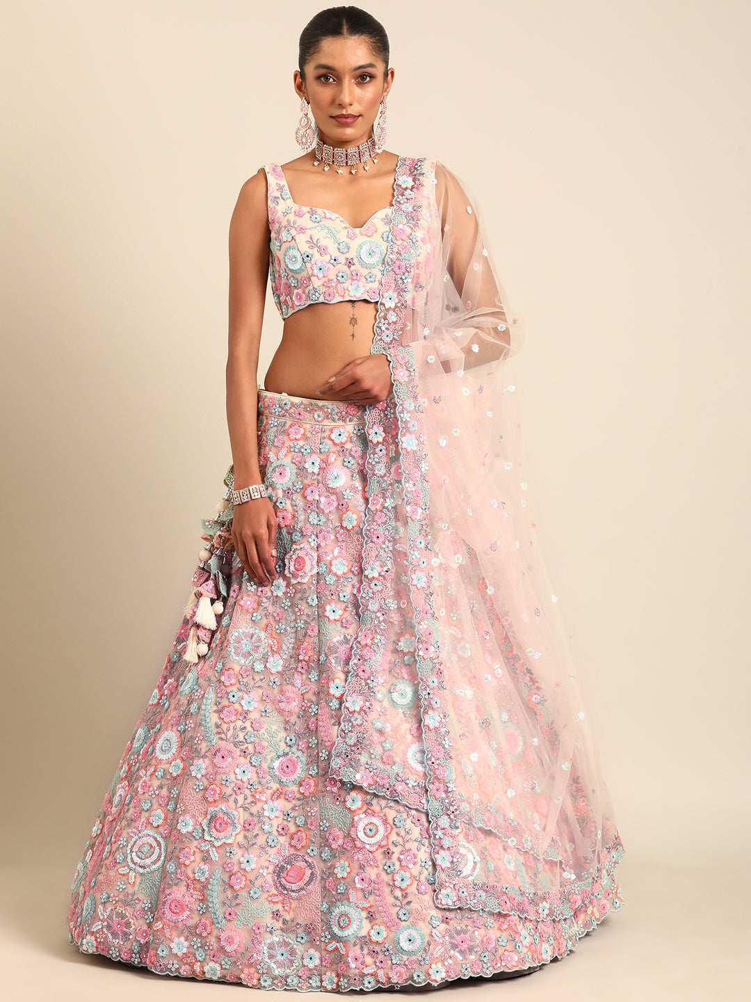 Rounded Embroiderey Multi-Sequins, Mirror and thread Embroidered Net Stitched Lehenga