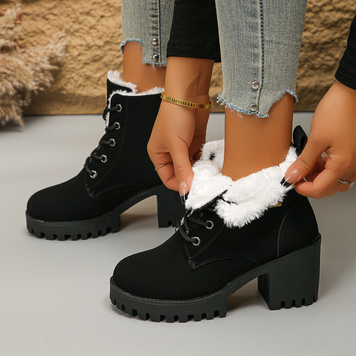 Women's Alpine Luxe Combat Boot - Chunky Sole Mid-Heel Weatherproof Ankle Boots with Faux Fur Lining & Classic Lace-Up Design (US 4-10)