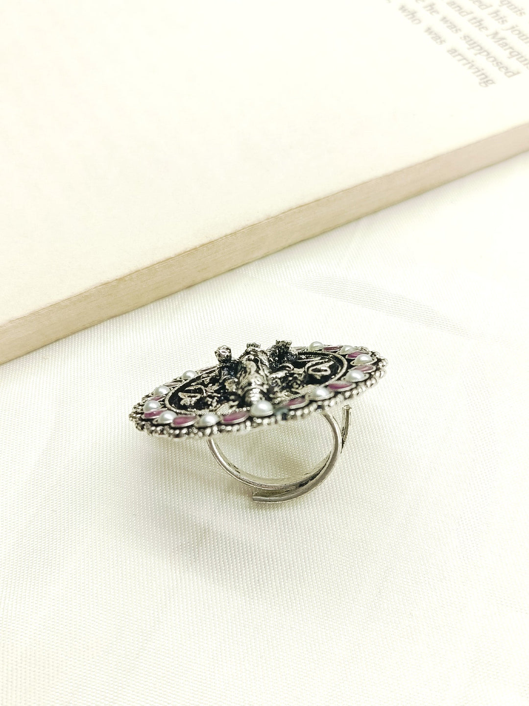 Eve Rose Pink Ganesh Ji Oxidized Finger Ring