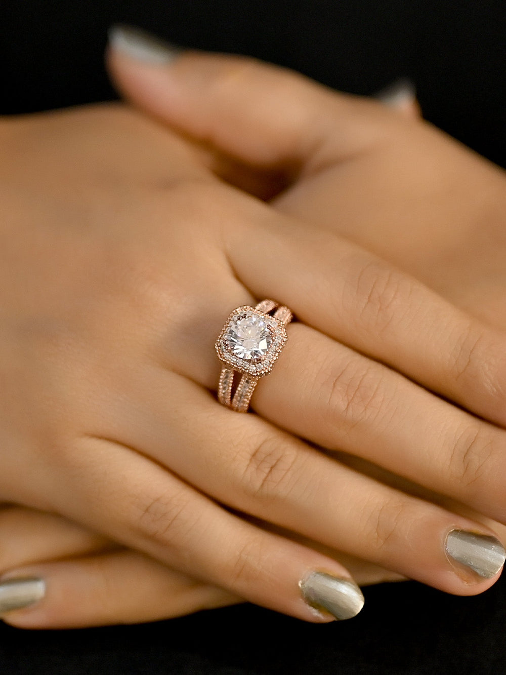 Aayaat American Diamond Finger Ring in rose gold, with intricate floral design and sparkling stones