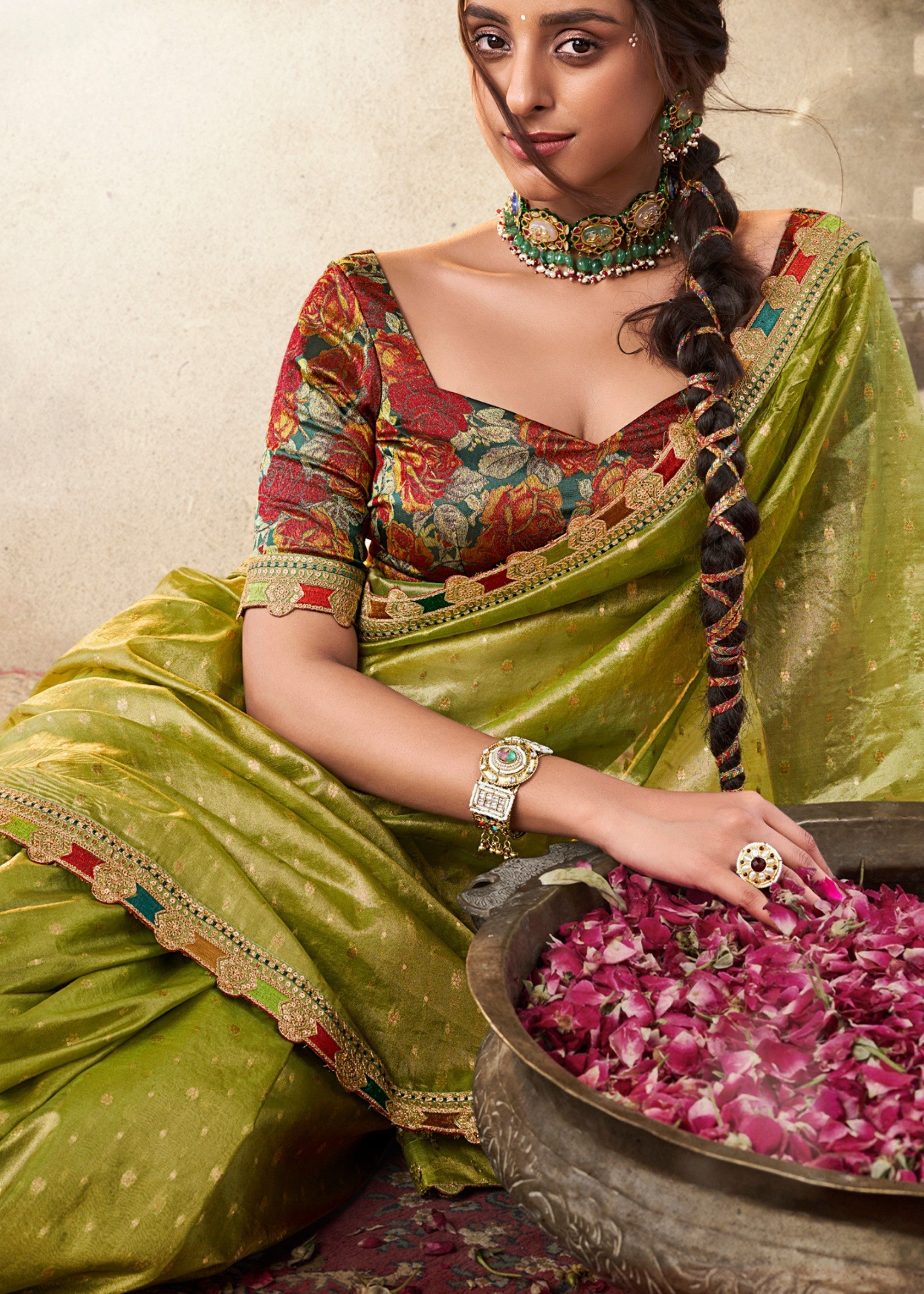 Apple Green Tissue Silk Saree With Multicolored Lace & Designer Blouse - qivii