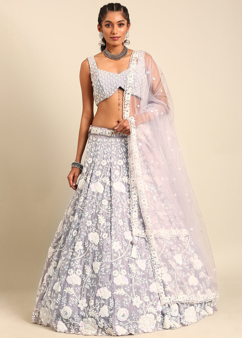 Silver Mauve Purple Georgette lehenga Choli with Sequins & Zarkan Embroidery | Ready To Wear - qivii