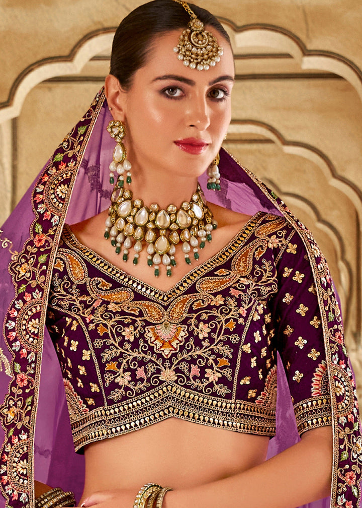 Violet Purple & Pink Banarasi Silk Lehenga Choli with Zarkan, Sequence and Thread Work