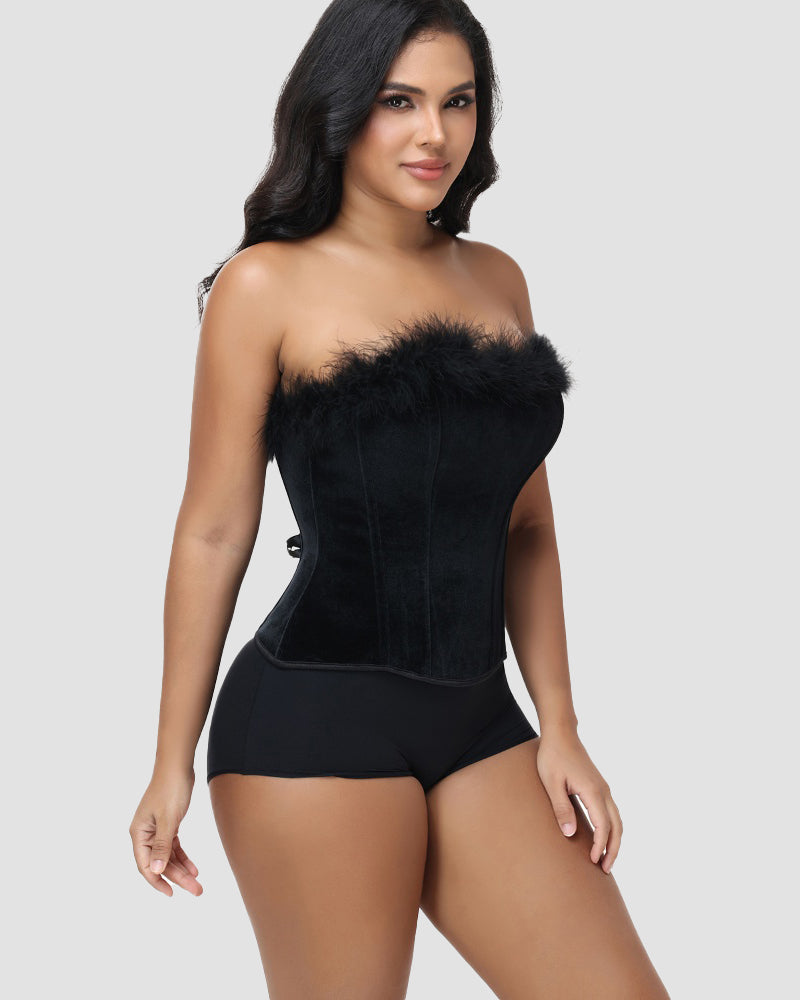 Black Velvet Feather Trim Strapless Corset Top with Lace Up Back