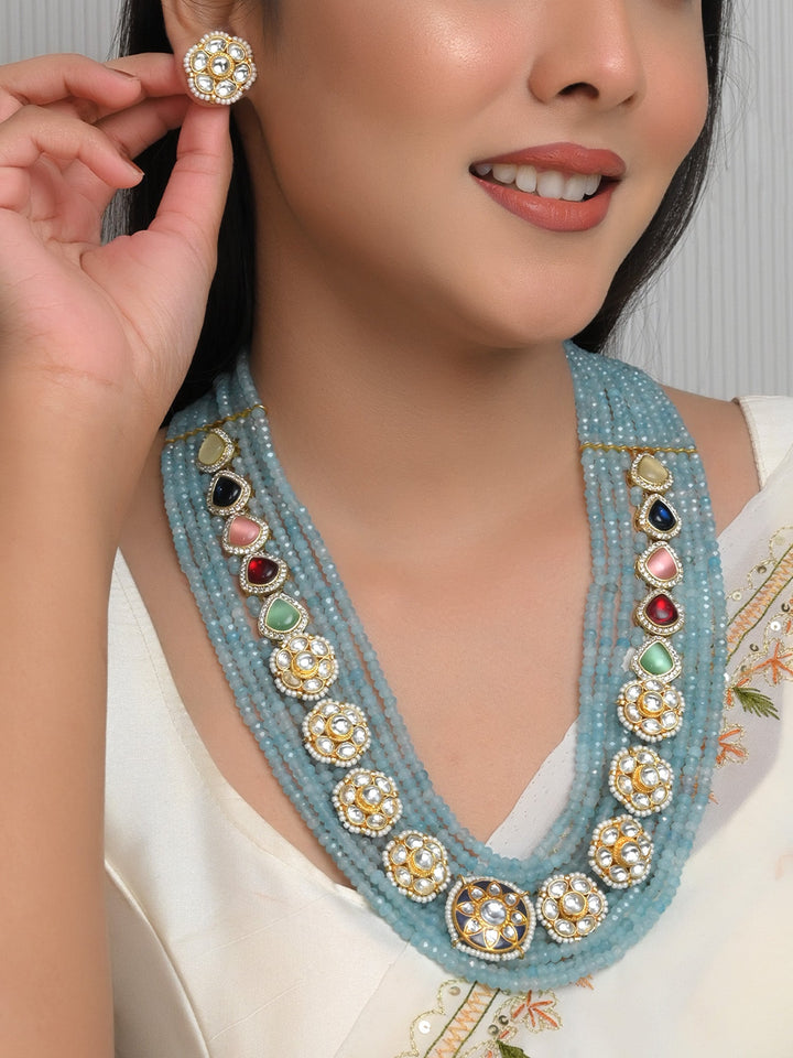 Janiyah Sky Blue Long Kundan Set