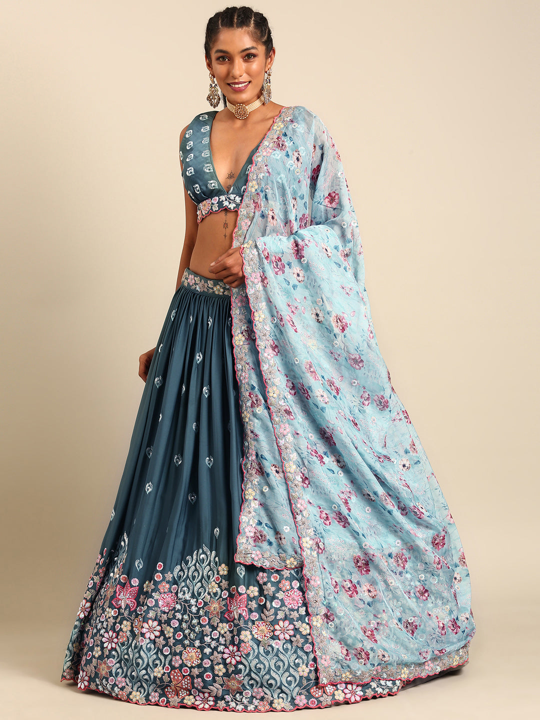 Multi-Color Sequins Coding Embroidered Chinon Stitched Lehenga Choli