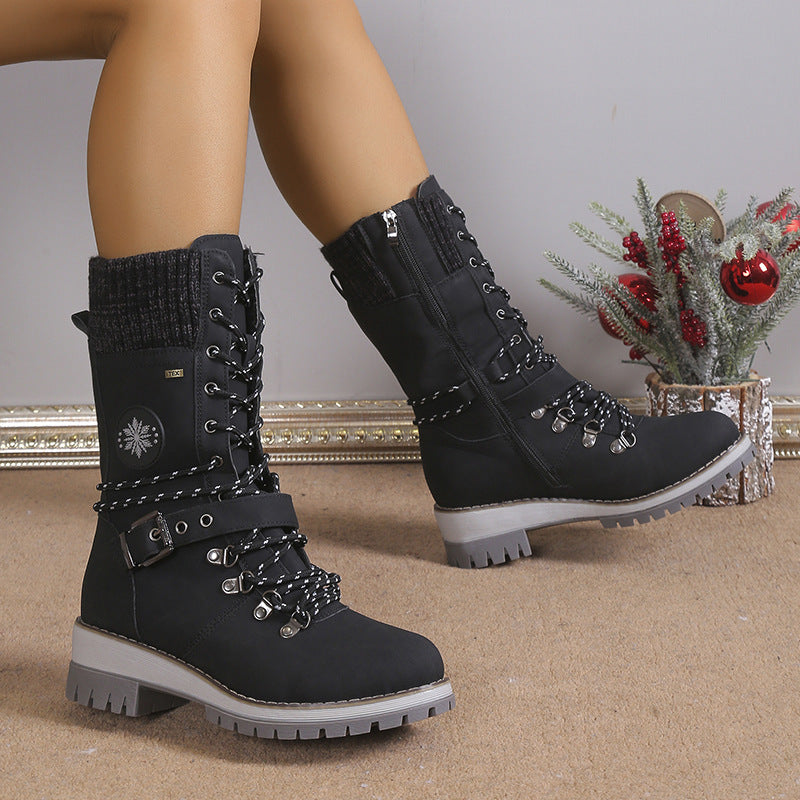 Women's Nordic Knit Combat Boot - High-Shaft Thermal Cotton Lined Snow Boots with Block Heel & Leather Accents Design (US 5-10.5)