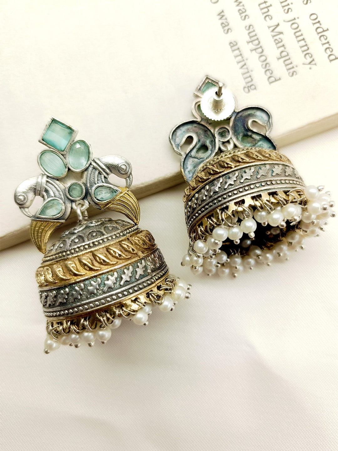 Lintang Mint Green Peacock Oxidized Jhumki