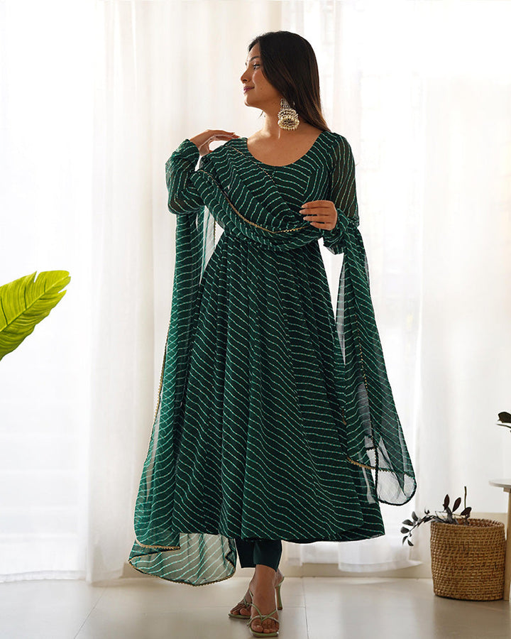  Green Color Laheriya Print Georgette Three Piece Anarkali Suit by Qivii for traditional and festive occasions