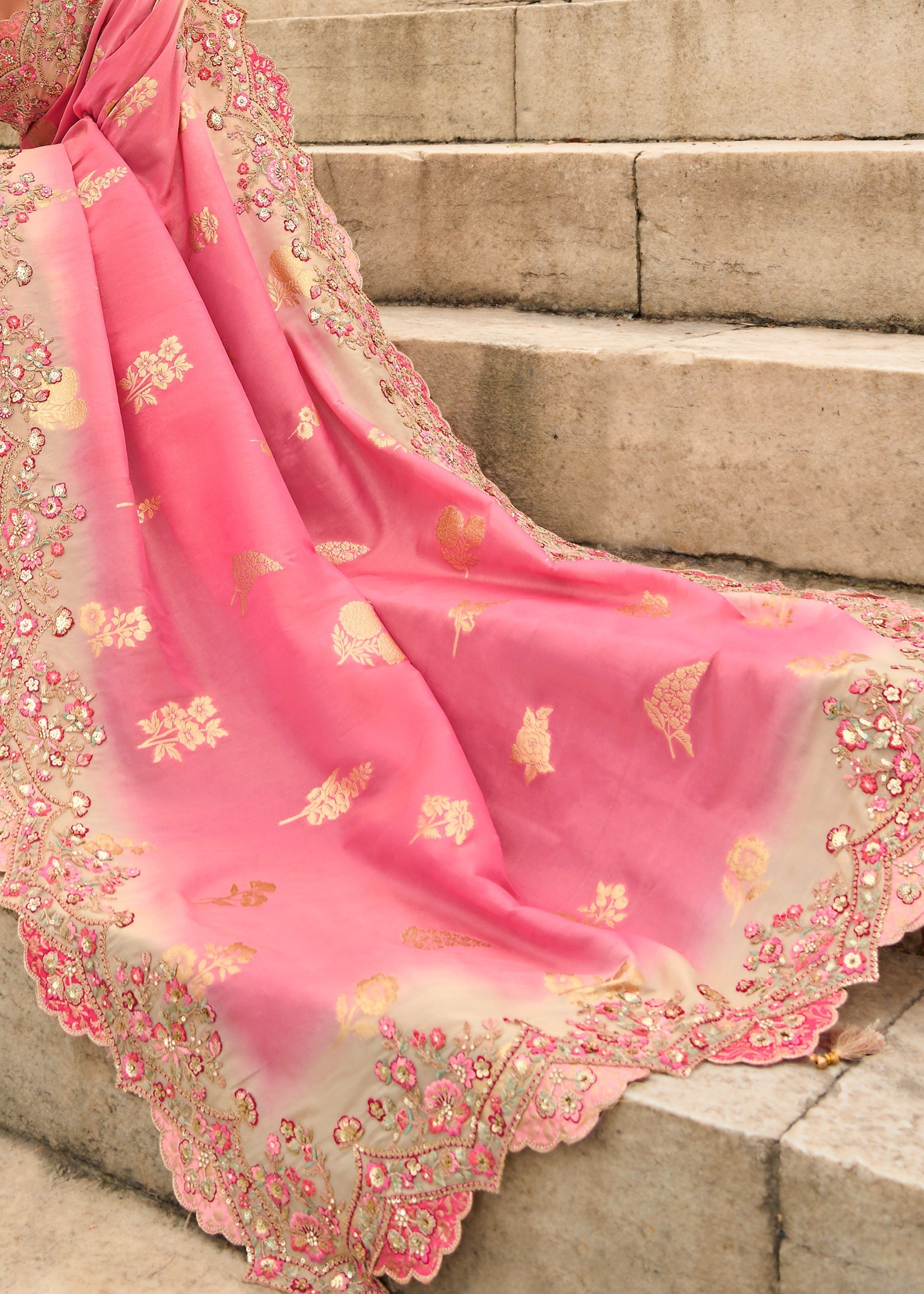 Blush Pink Viscose Tissue Silk Saree With Embroidery Cut Work Border And Sequence Work - qivii