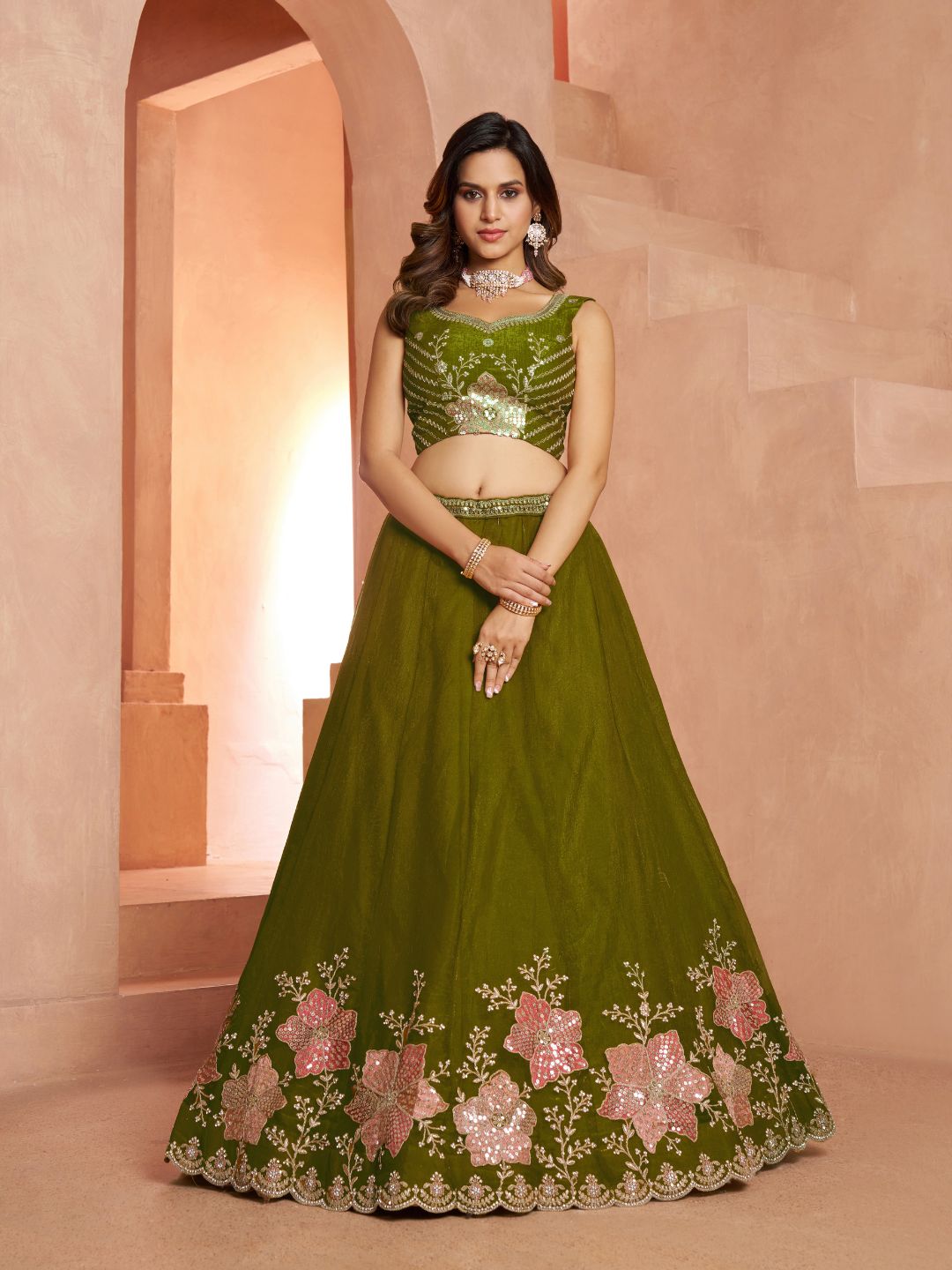 Elegant Floral Green Embroidered Tissue Lehenga Choli Set